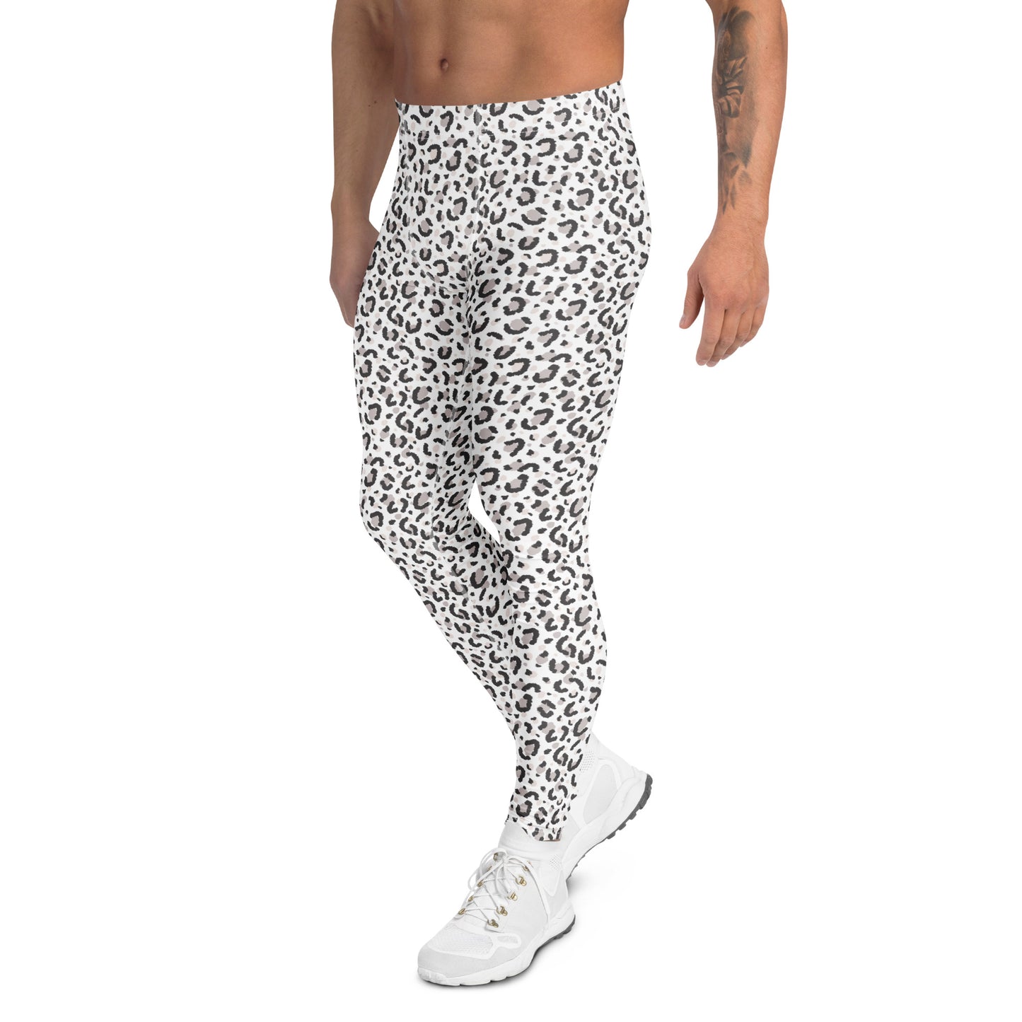 A man wearing white athletic jogger-style pants with a black leopard print pattern, paired with white sneakers, shown from the waist down on a plain white background. Comfortable Minimalist Bold Leopard Print Men's Leggings Activewear