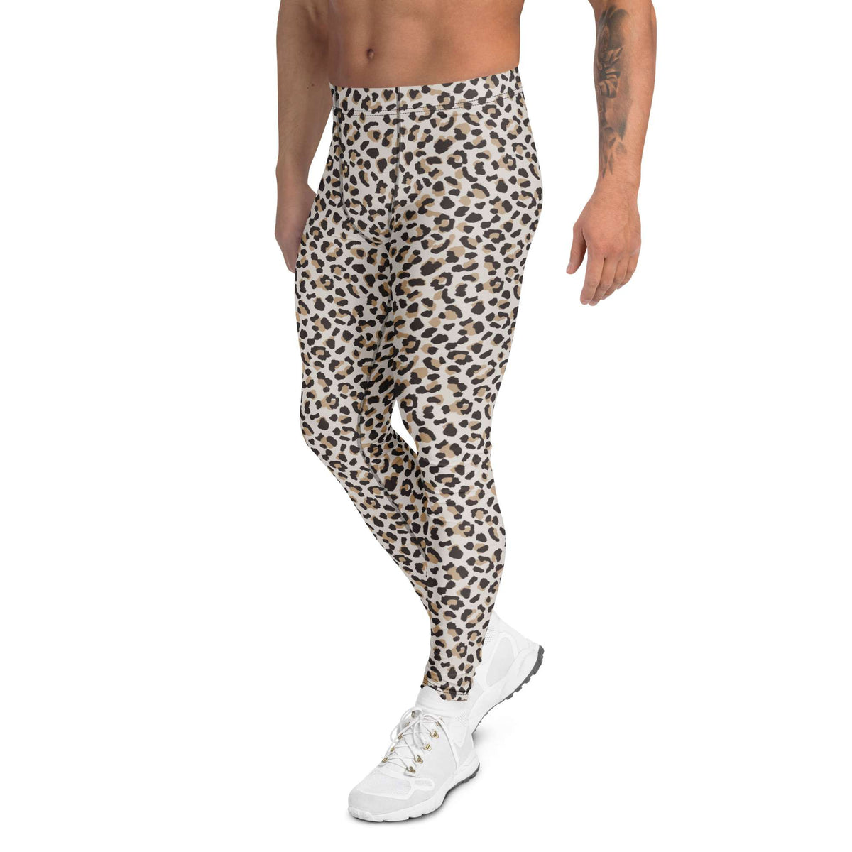 A man wearing high-waisted leopard print athletic pants and white sneakers, shown from the waist down against a plain white background. Comfortable Minimalist Leopard Skin Men's Athletic Leggings Activewear