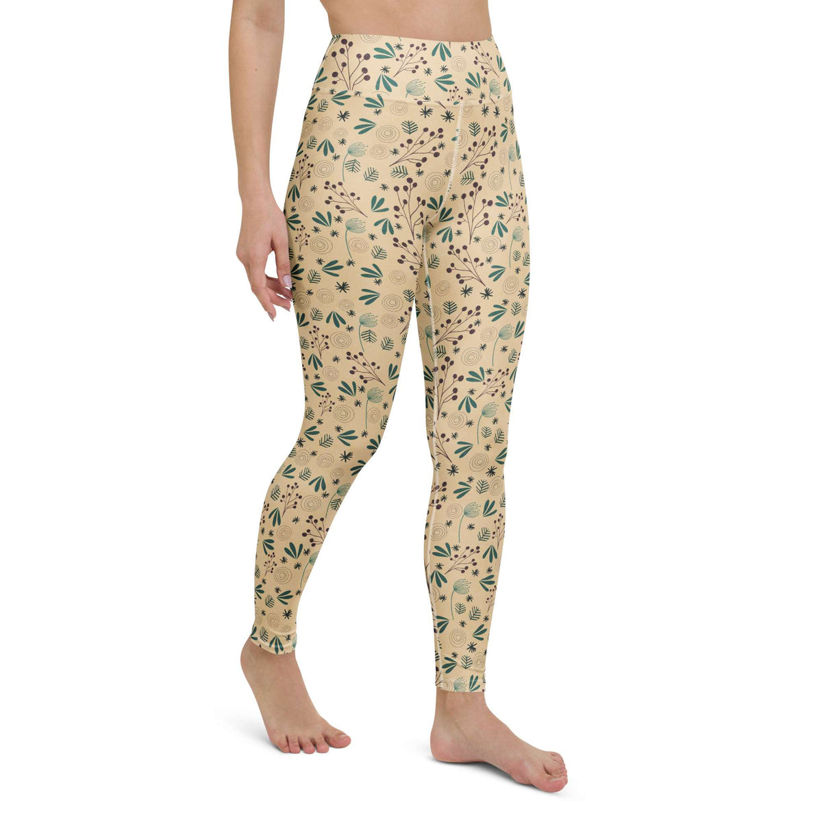 Modern Comfortable Botanical Beige Floral Yoga Leggings Activewear