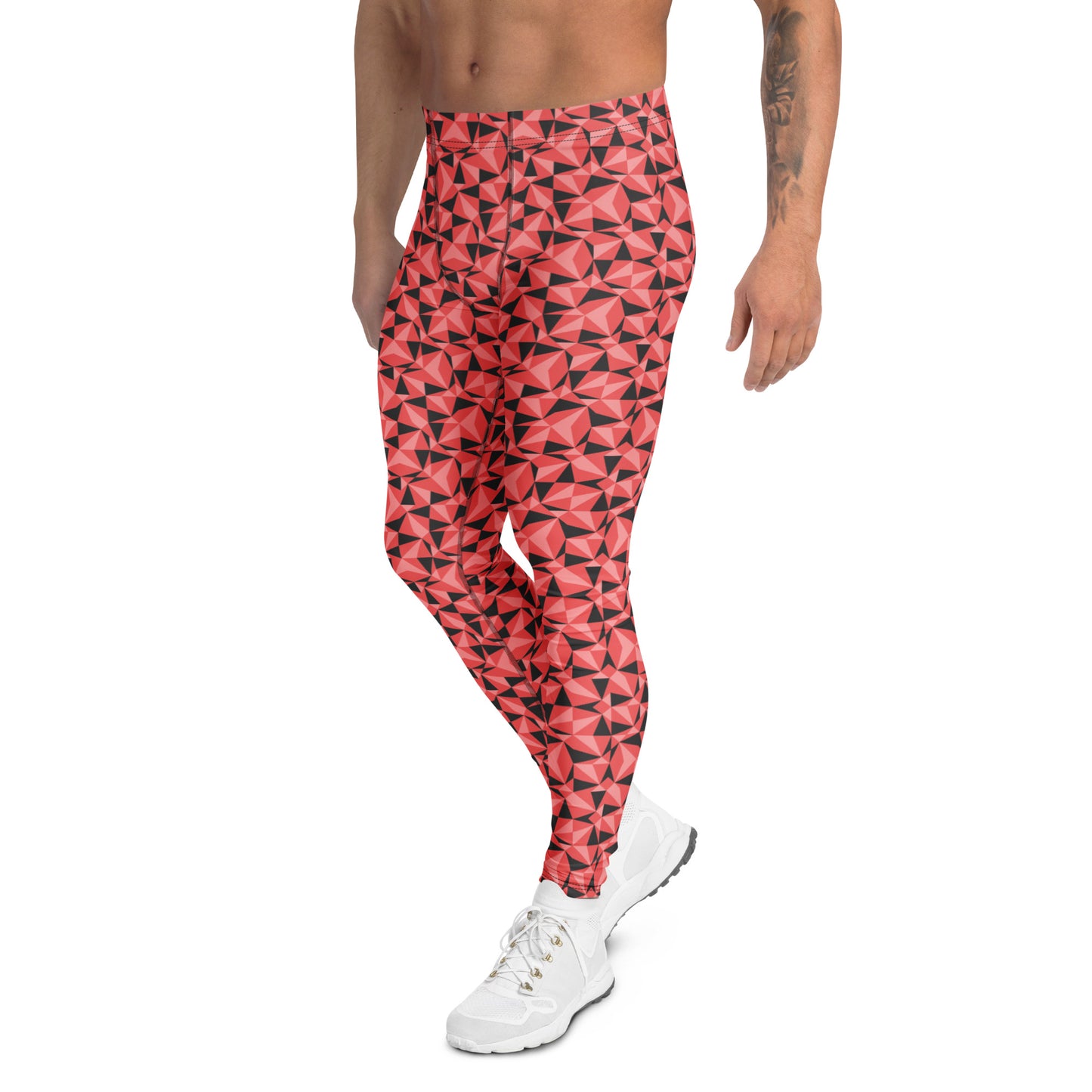 A man wearing high-waisted athletic leggings with a red and black geometric pattern, paired with white sneakers, shown against a plain white background. Modern Minimalist Mosaic Rhombus Geometric Men's Athletic Leggings for Activewear