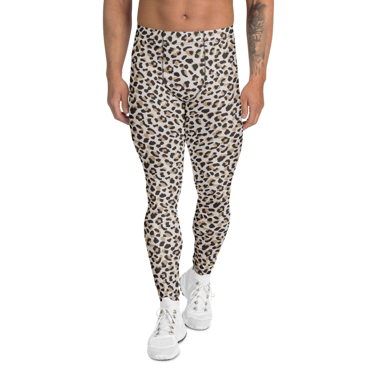 A pair of men's high-waisted leggings with an all-over leopard print pattern in beige, brown, and black, modeled on a person wearing white sneakers against a plain white background. Simple Minimalist Leopard Skin Men's Athletic Leggings Activewear