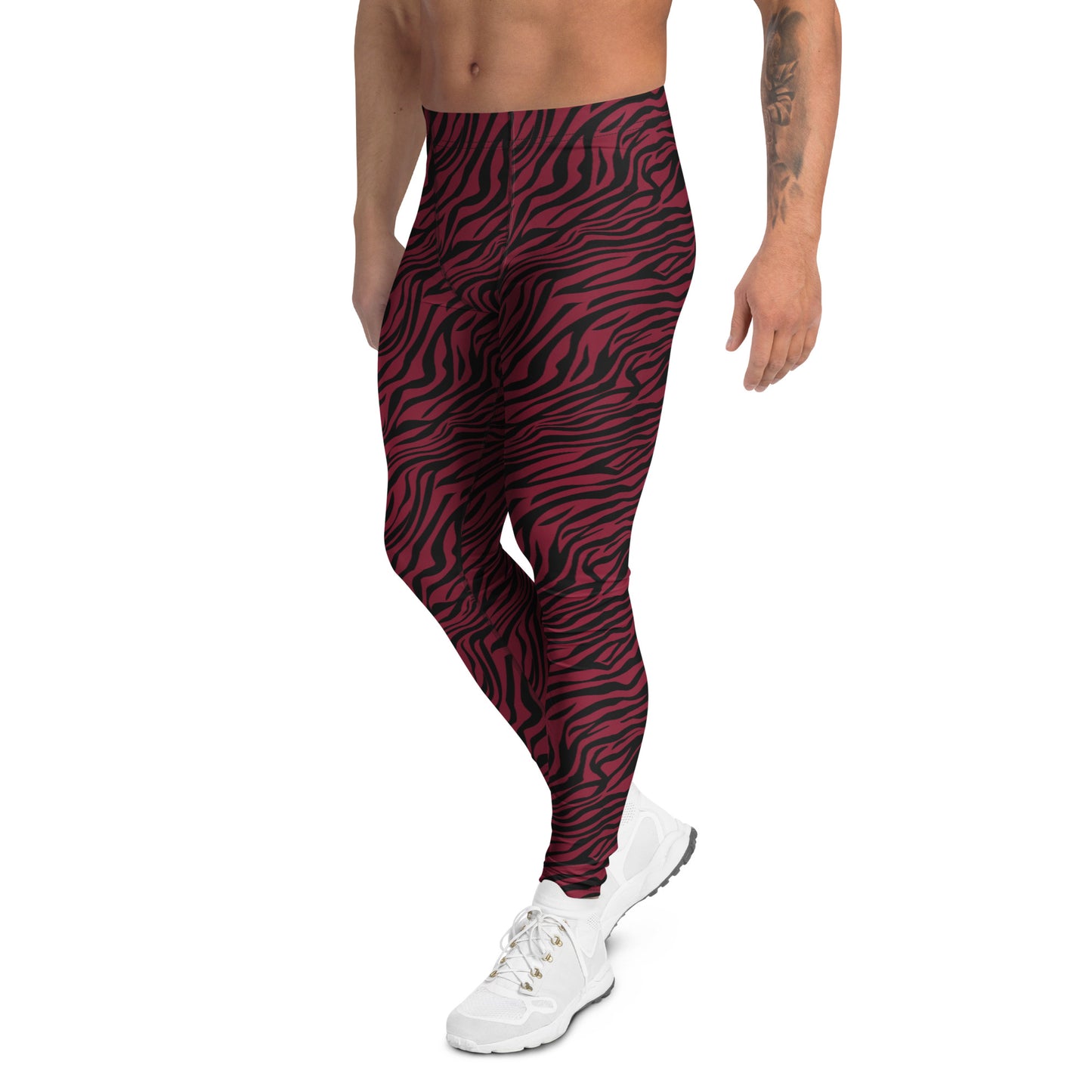 Person wearing red leopard print leggings on a white background Unique Comfortable Bold Red Zebra Print Men's Athletic Leggings Activewear