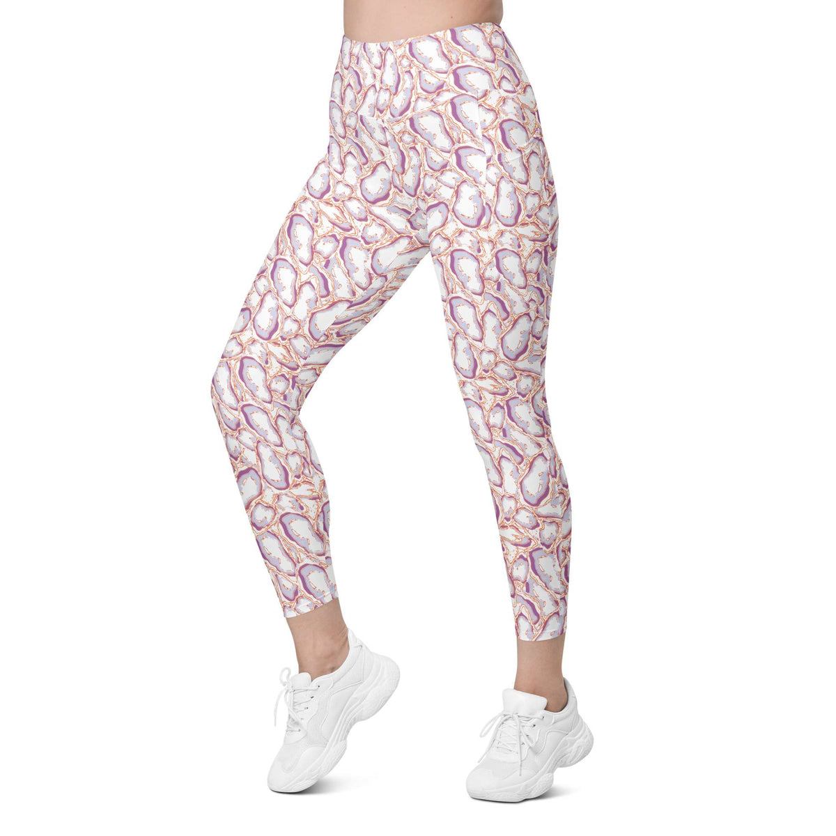 Pink leggings with a brand logo worn by a person on a white background Elegant Organic Marble Stone Leggings with Pockets Activewear Shop Elegant Organic Marble Stone Leggings with Pockets, designed for all-day comfort, flexible movement, and standout style. Elevate your activewear with Elegant Organic Marble Stone Leggings with Pockets, blending bold marble style, comfort, and function.