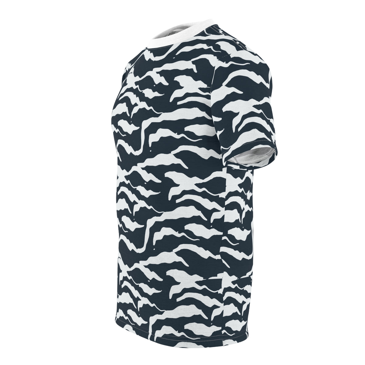 A short-sleeve crewneck t-shirt featuring a bold black and white tiger stripe camouflage pattern, shown from a three-quarters back view on a solid white background.