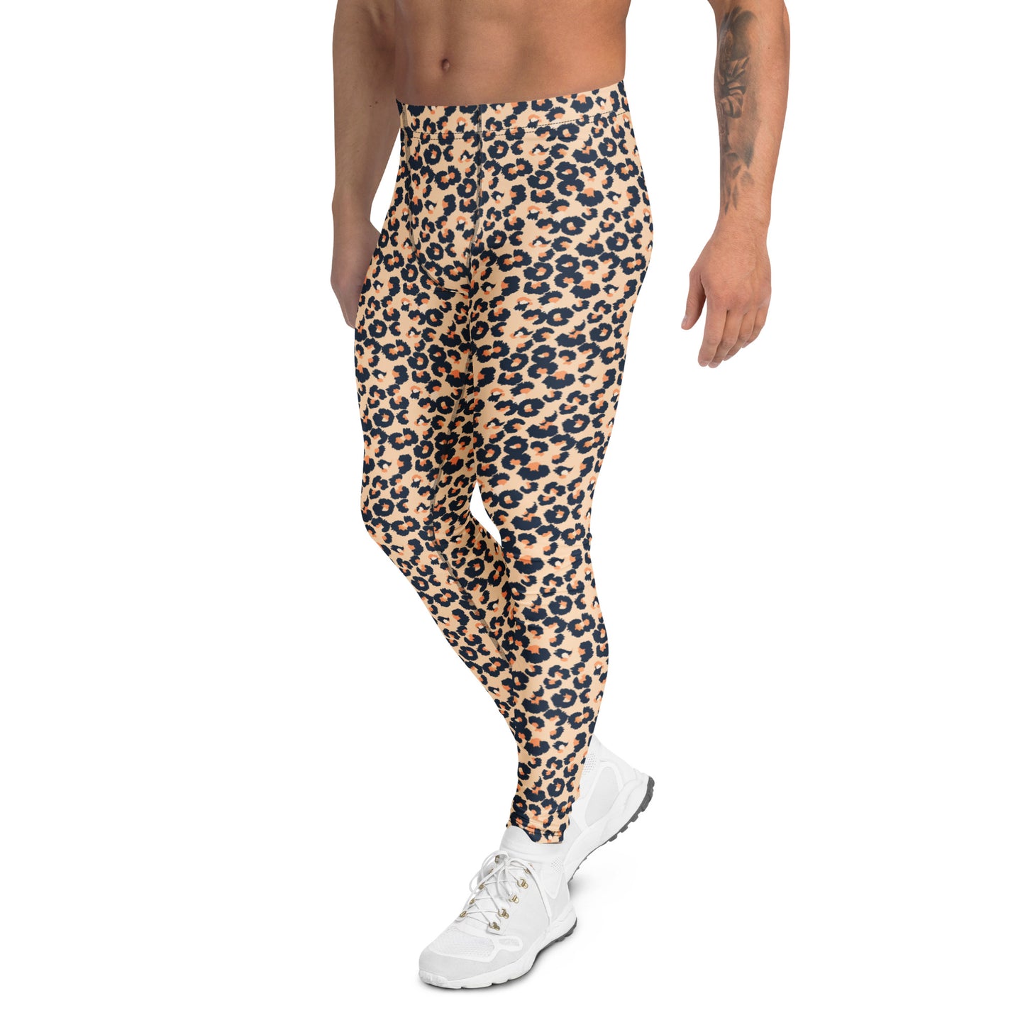 A man wearing leopard-print leggings and white sneakers, cropped from the chest down, shown against a plain white background. Artistic Comfortable Bold Leopard Print Men's Leggings for Activewear