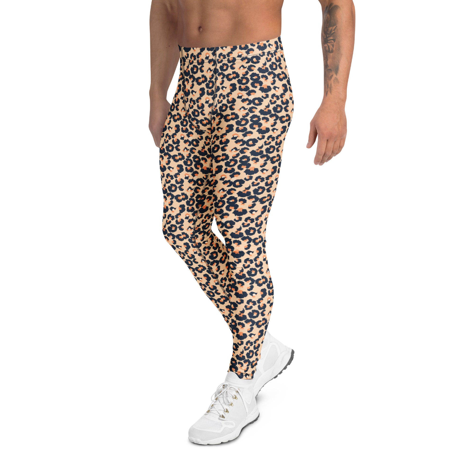 A man wearing leopard-print leggings and white sneakers, cropped from the chest down, shown against a plain white background. Artistic Comfortable Bold Leopard Print Men's Leggings for Activewear