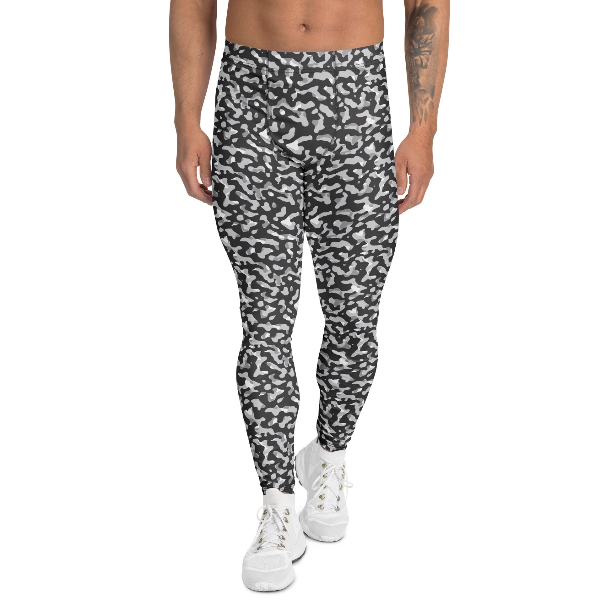 A person modeling high-waisted leggings with a blue and white leopard print pattern, paired with white sneakers, shown against a plain white background. Black and White Urban Camouflage Men's Leggings