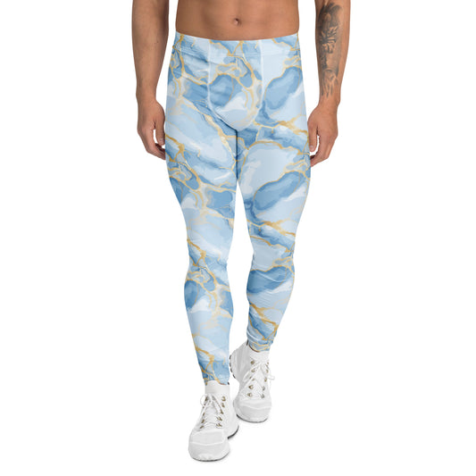 Bold Blue Marble in Gold Veins Men's Athletic Leggings for Activewear