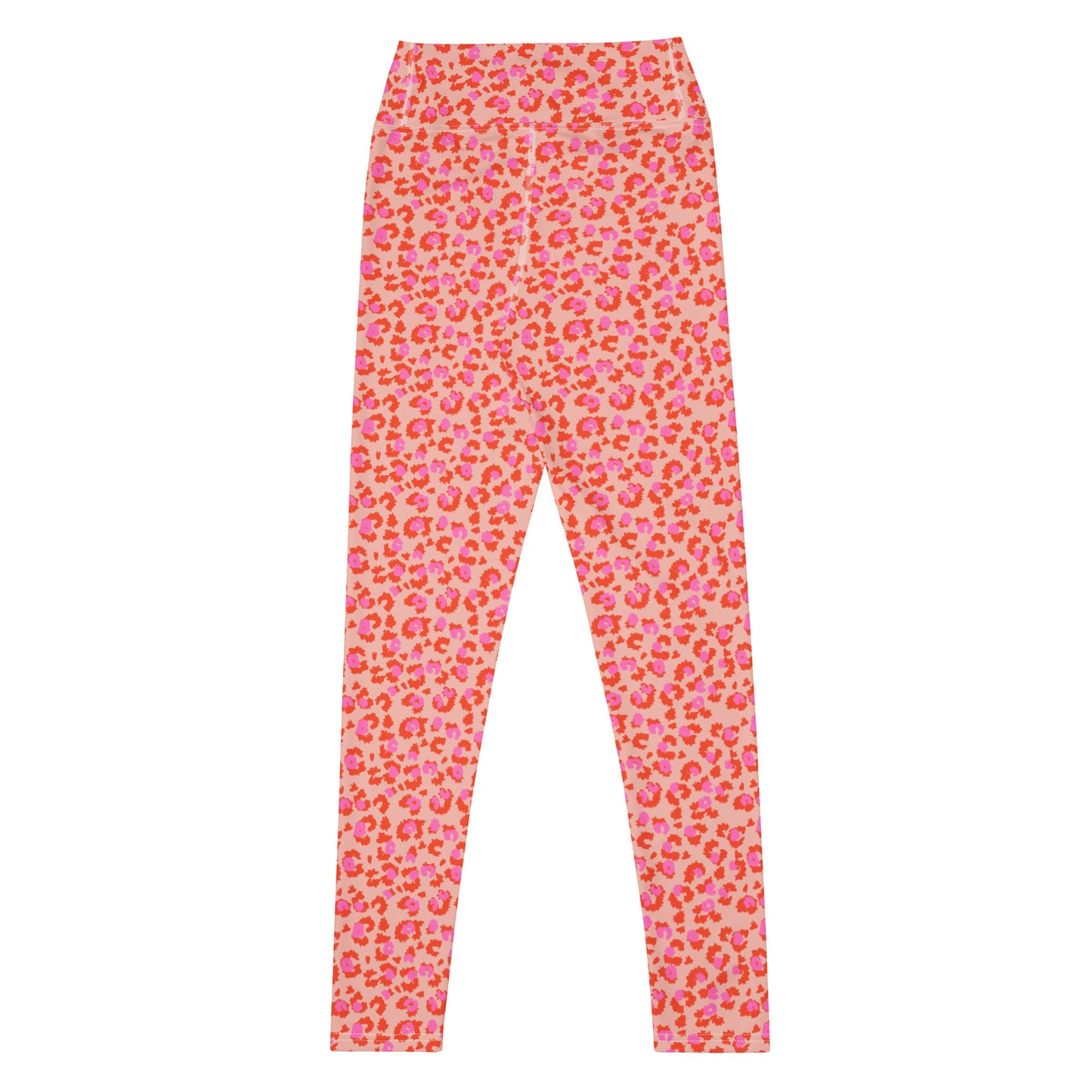 Pink leopard print leggings with a warm peach base and bright pink spots, shown flat against a white background. Bold Chic Pink Leopard Print Yoga Pants for Workouts Activewear