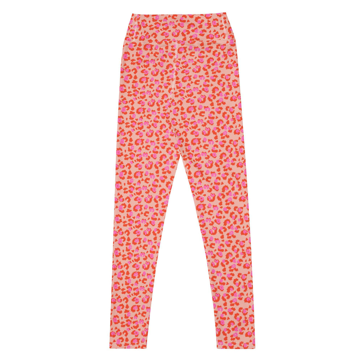 Pink leopard print leggings with a warm peach base and bright pink spots, shown flat against a white background. Bold Chic Pink Leopard Print Yoga Pants for Workouts Activewear