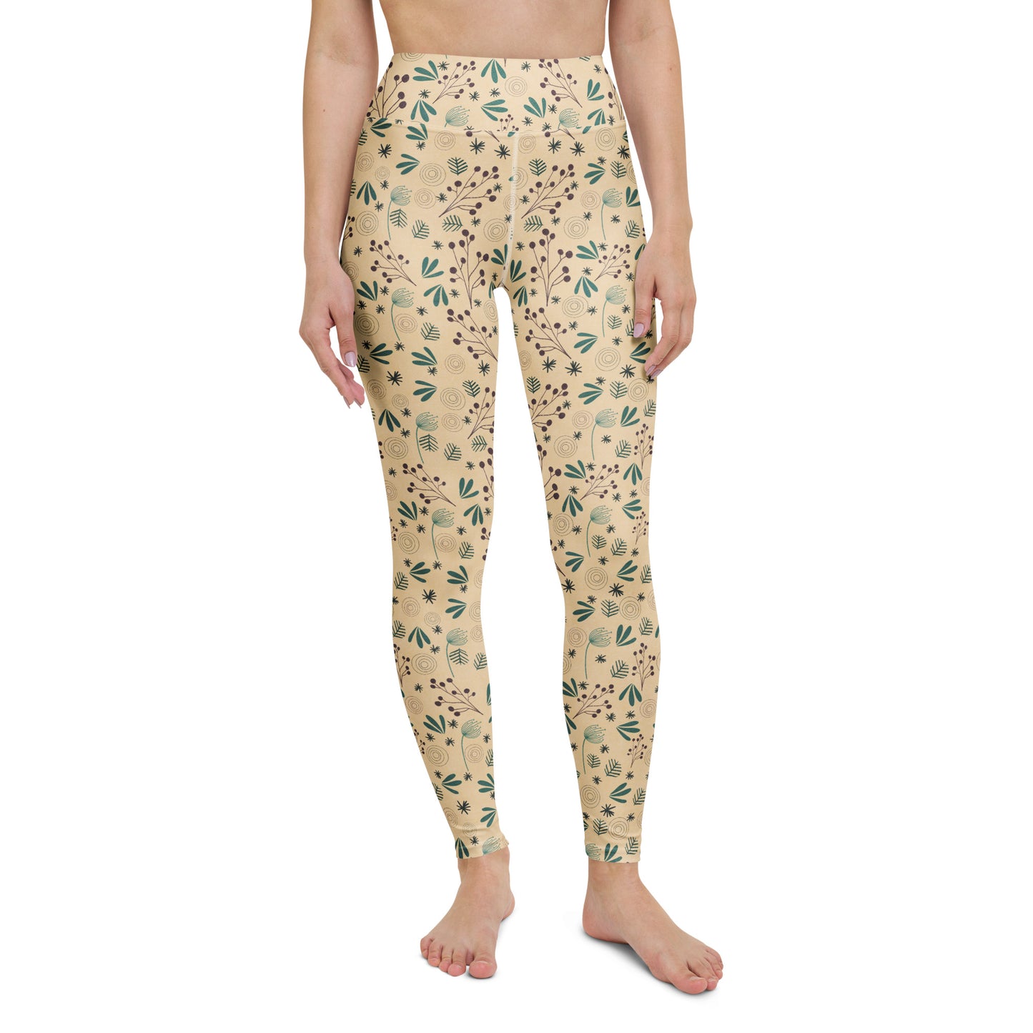 Bold Comfortable Botanical Beige Floral Yoga Leggings Activewear