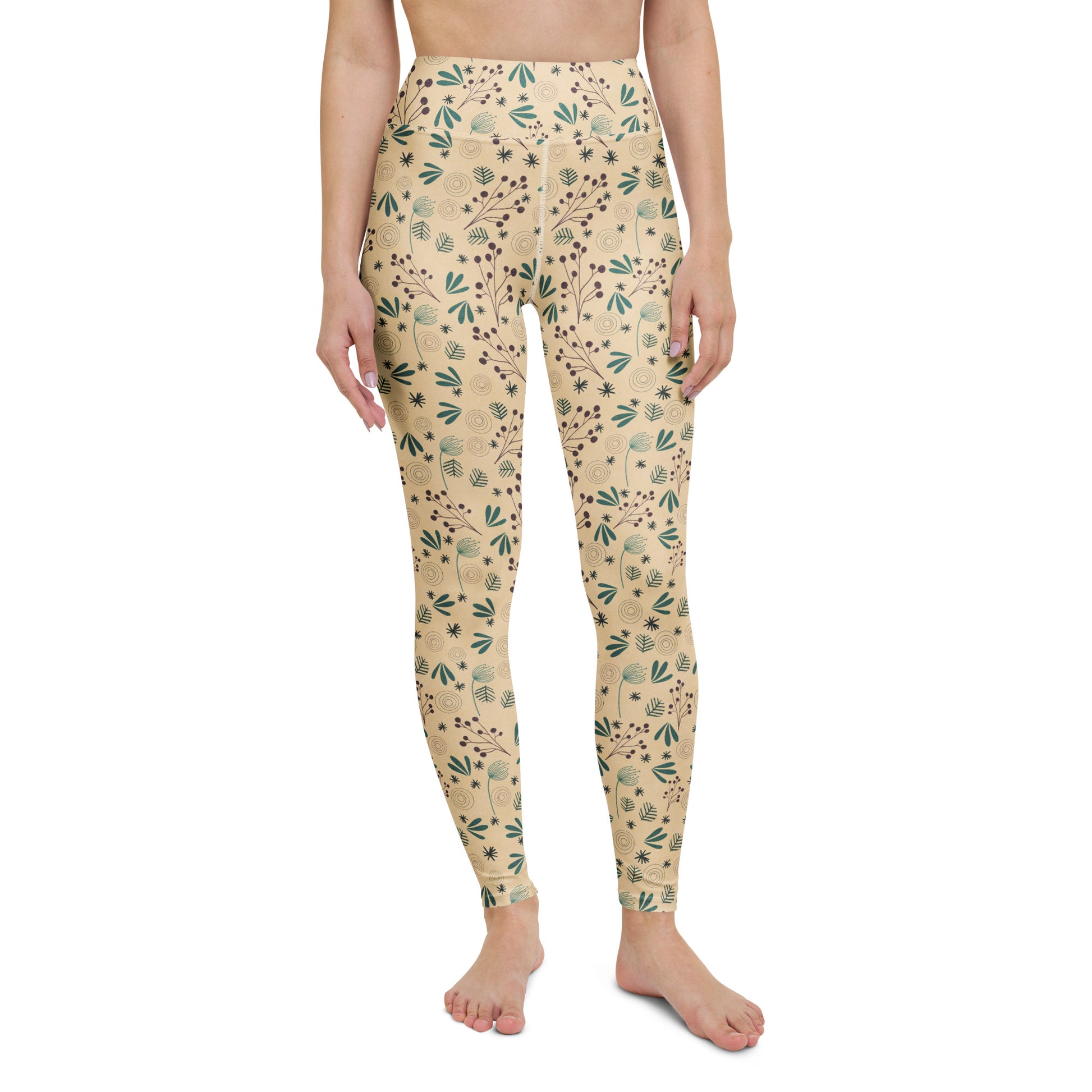 Bold Comfortable Botanical Beige Floral Yoga Leggings Activewear