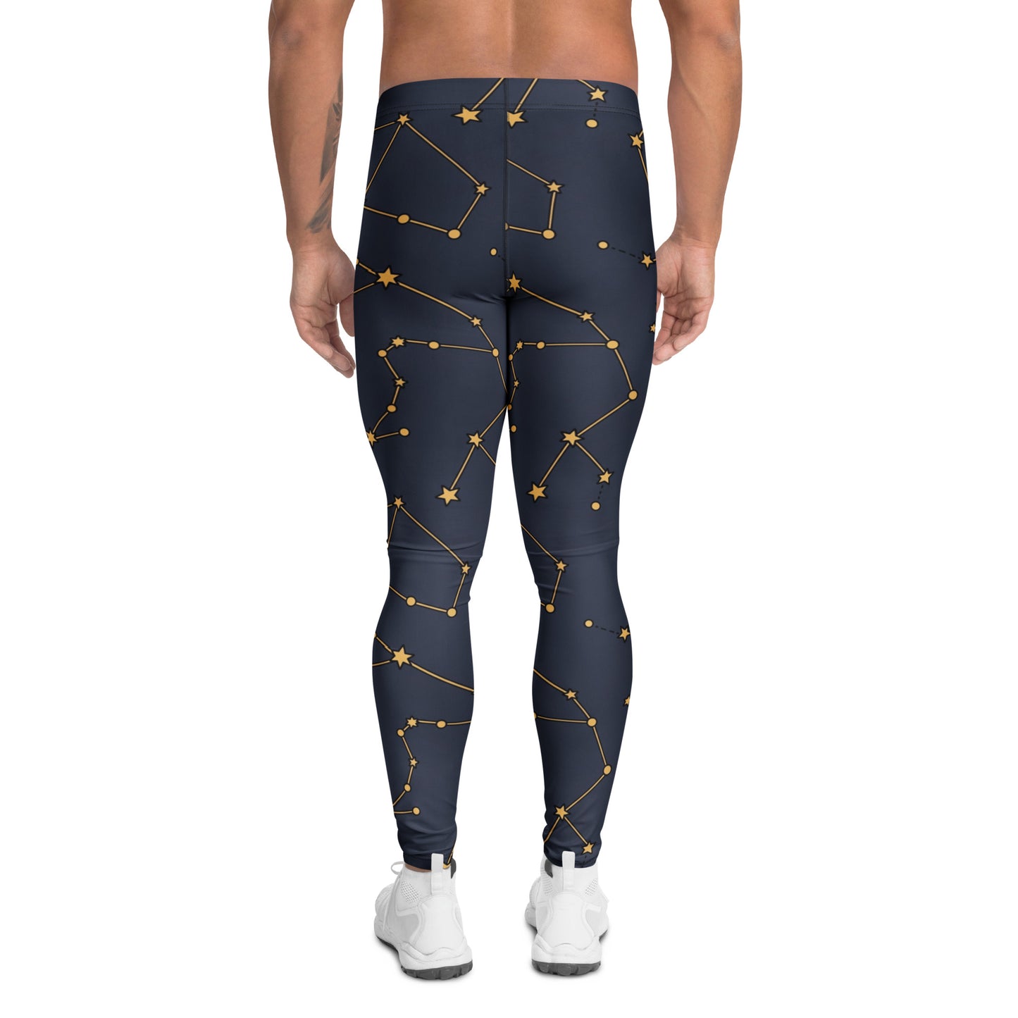 A person shown from the back wearing dark navy leggings with a gold constellation pattern, paired with white sneakers, against a plain white background. Bold Minimalist Constellation Print Men's Leggings Activewear