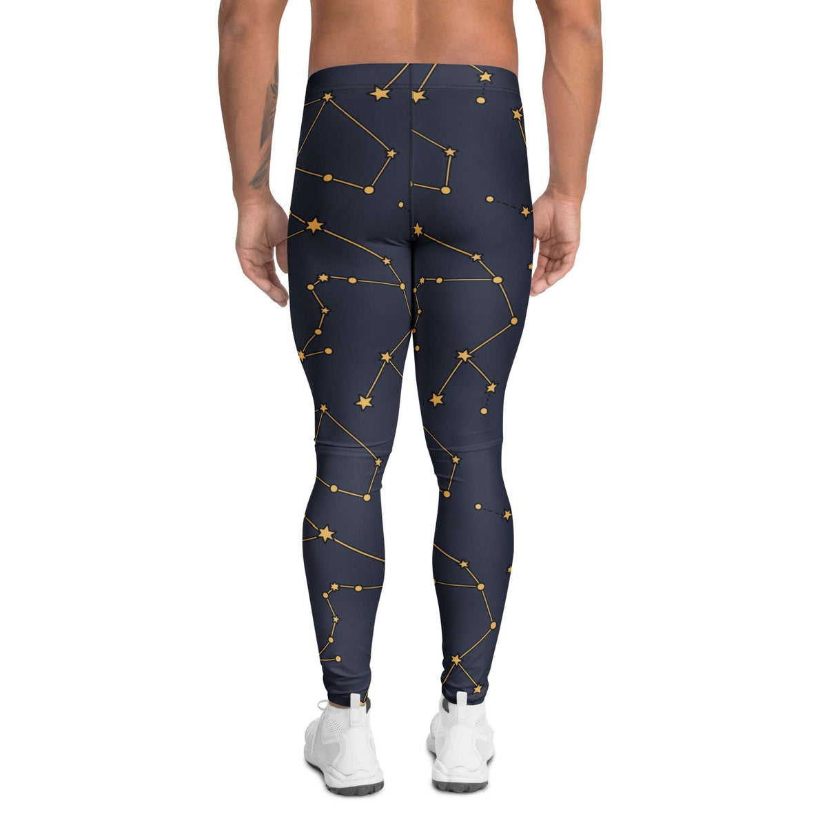 A person shown from the back wearing dark navy leggings with a gold constellation pattern, paired with white sneakers, against a plain white background. Bold Minimalist Constellation Print Men's Leggings Activewear