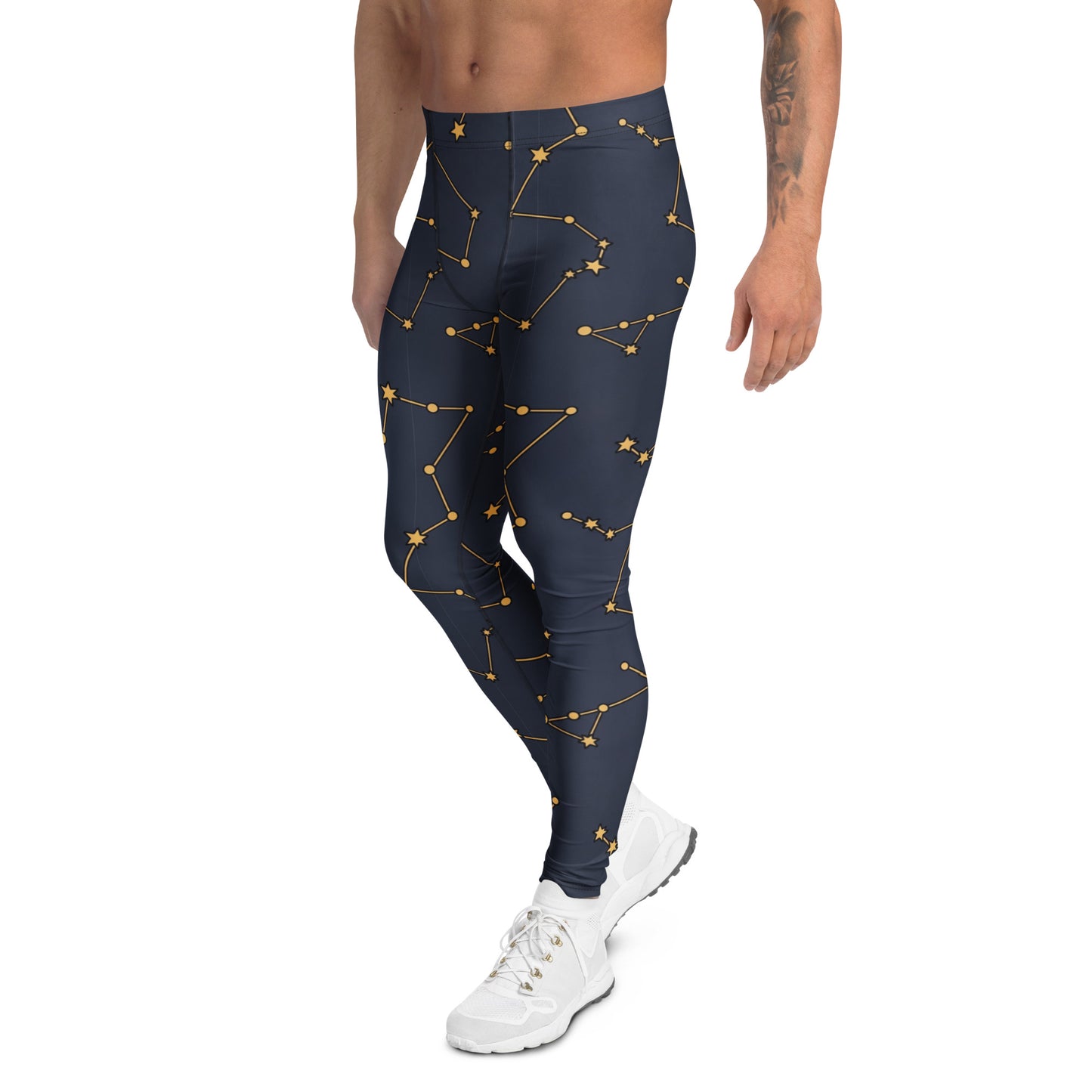 A man modeling navy blue leggings with a gold constellation pattern, paired with white sneakers, shown from the waist down on a white background. Bold Minimalist Constellation Print Men's Leggings for Activewear Clothing