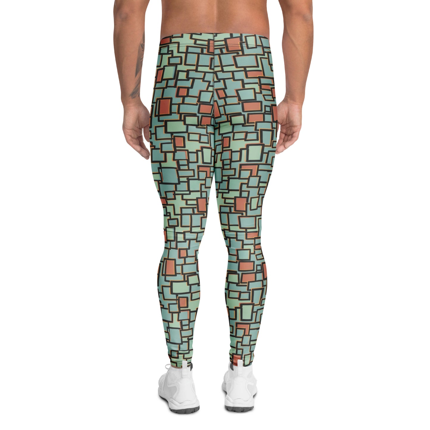 A person shown from the back wearing high-waisted leggings with a geometric block pattern in mint green, terracotta, and dark gray, paired with white sneakers on a plain white background. Bold Modern Glitch Geometric Men's Activewear Leggings
