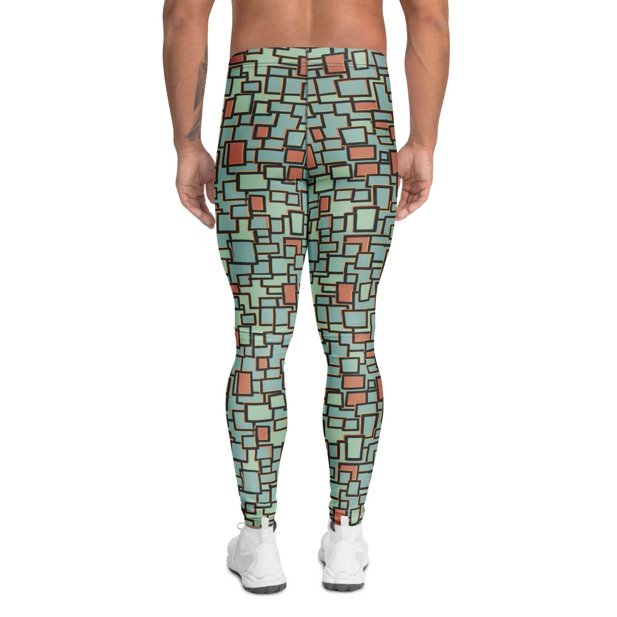 A person shown from the back wearing high-waisted leggings with a geometric block pattern in mint green, terracotta, and dark gray, paired with white sneakers on a plain white background. Bold Modern Glitch Geometric Men's Activewear Leggings