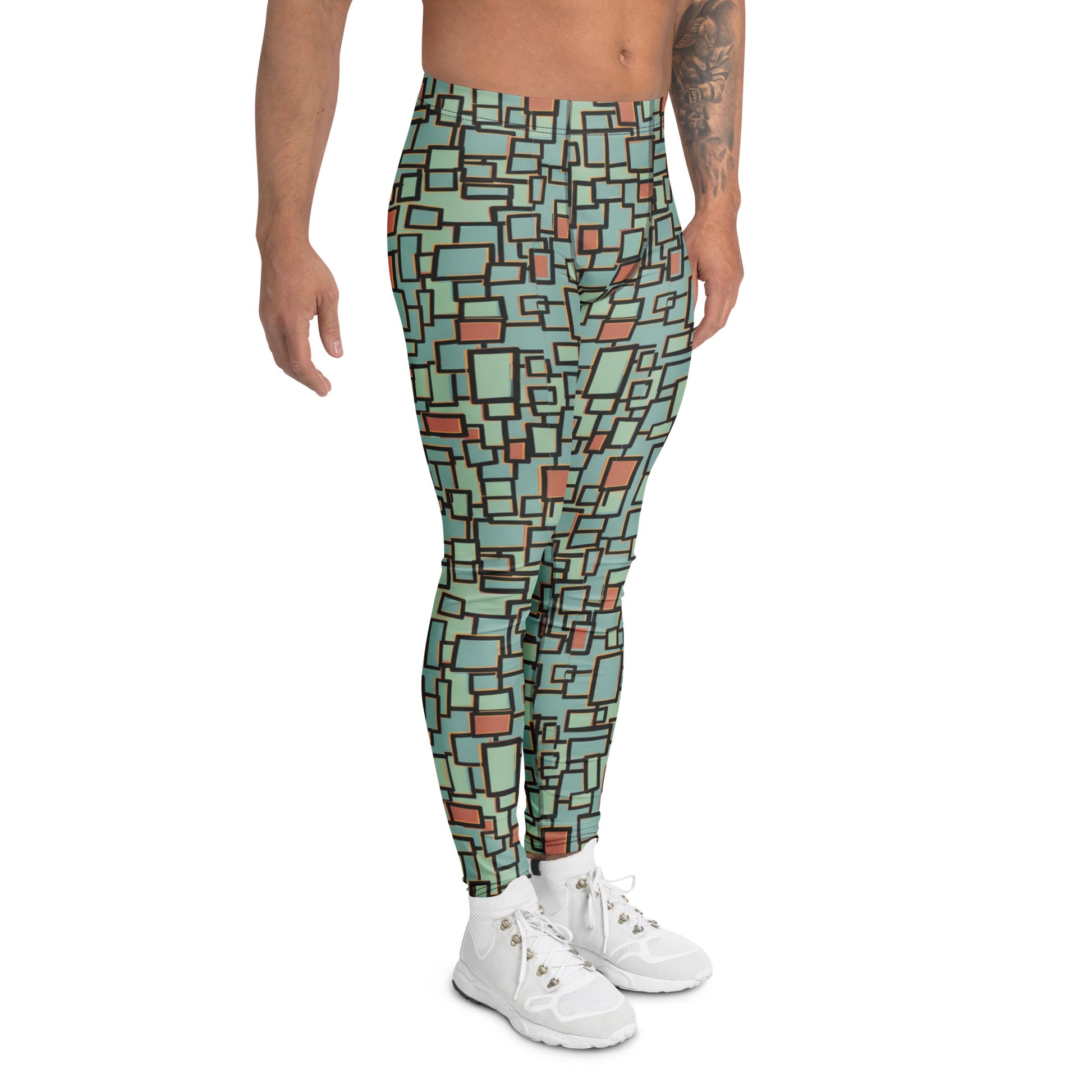 A person modeling high-waisted leggings with a geometric block pattern in sage green, dusty blue, terracotta, and black, paired with white sneakers against a plain white background. Bold Modern Glitch Geometric Men's Activewear Leggings Artistic