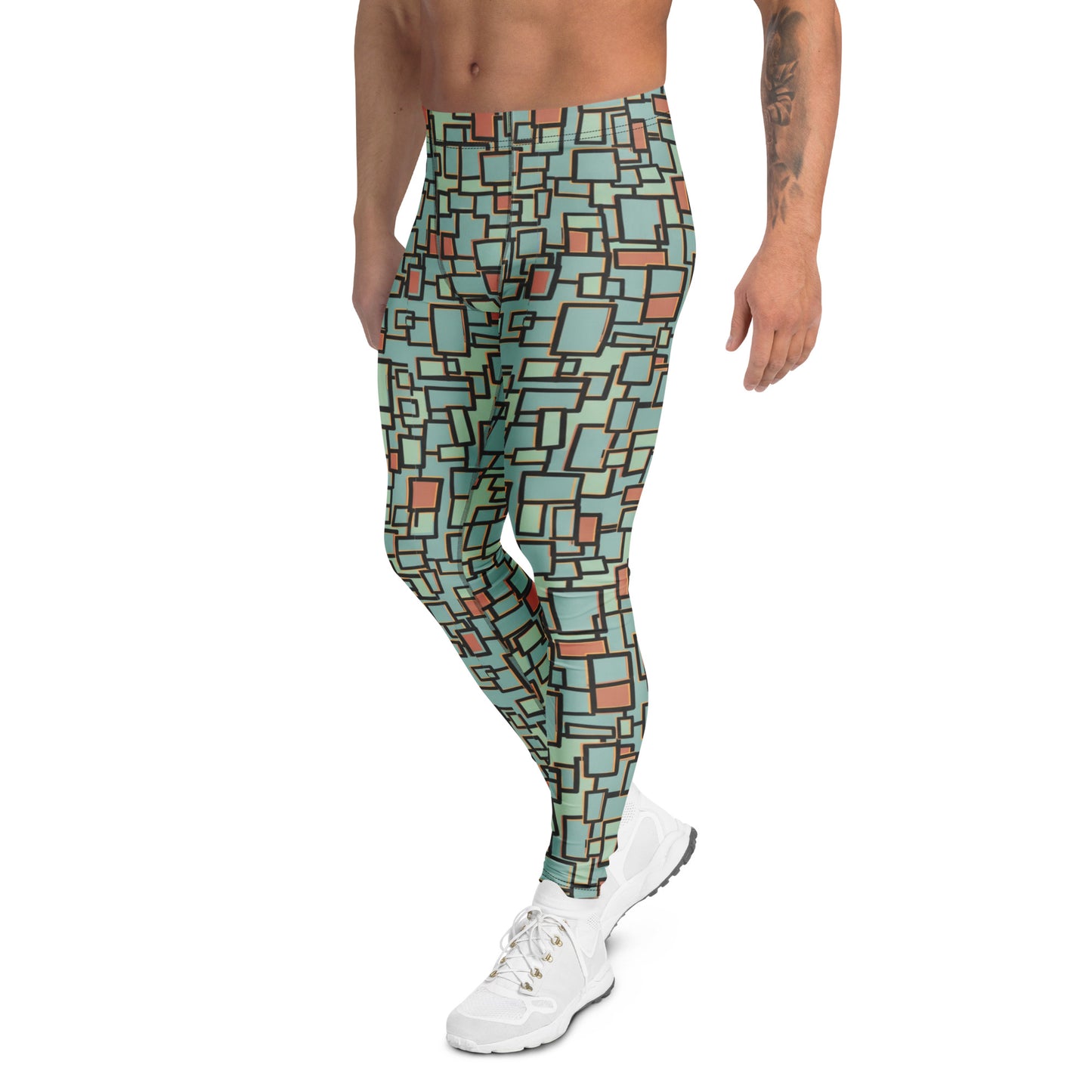 A man wearing high-waisted athletic leggings with a geometric block pattern in mint green, terracotta, and black, paired with white sneakers against a plain white background. Bold Modern Glitch Geometric Men's Activewear Leggings Artistic Designer