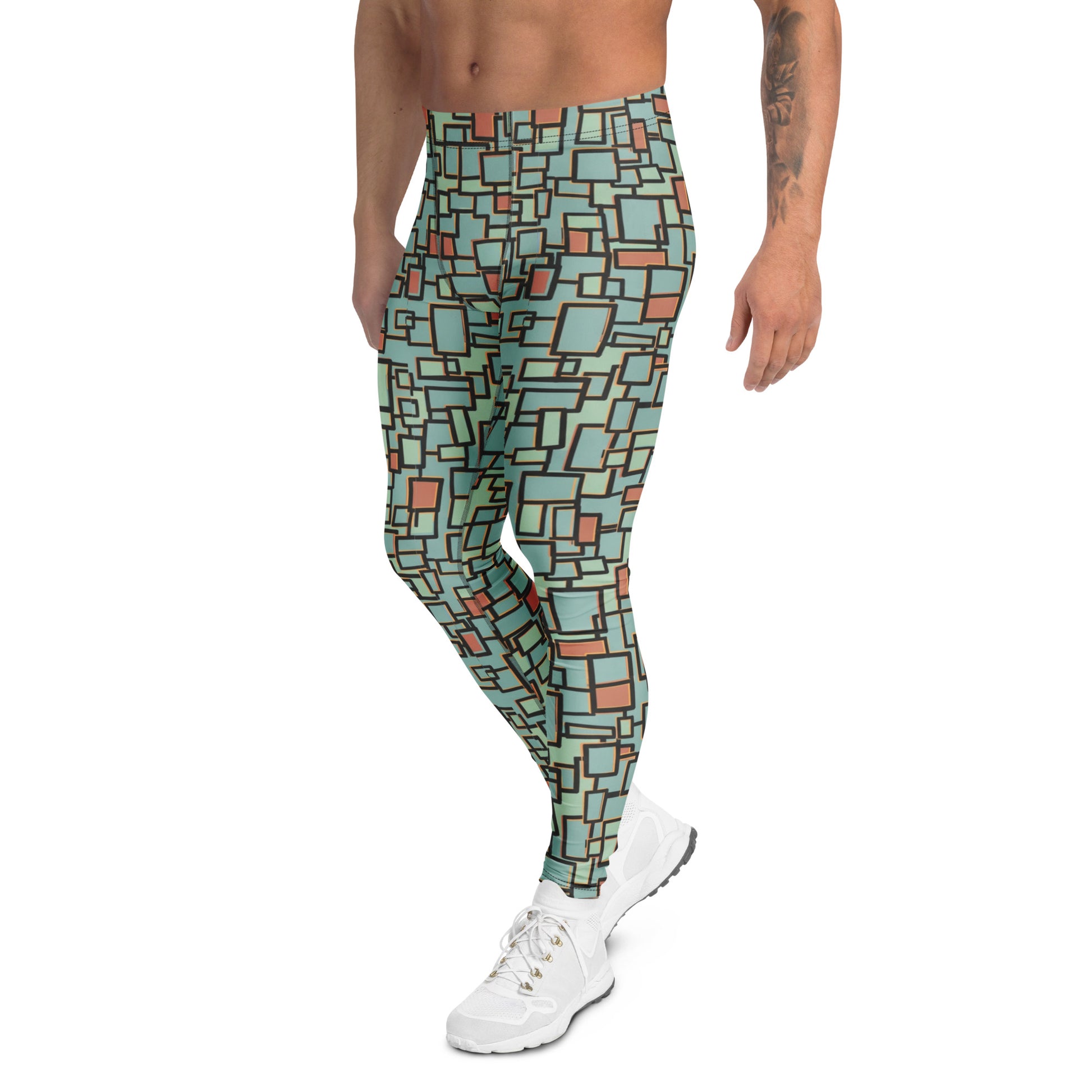 A man wearing high-waisted athletic leggings with a geometric block pattern in mint green, terracotta, and black, paired with white sneakers against a plain white background. Bold Modern Glitch Geometric Men's Activewear Leggings Artistic Designer