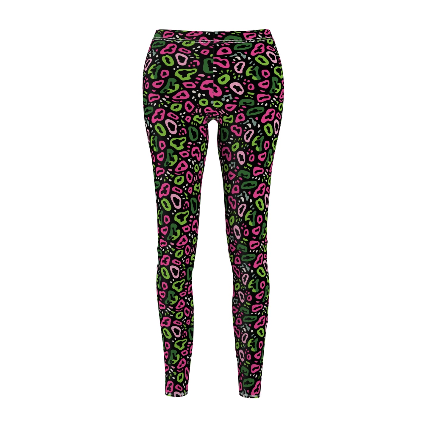 A pair of women's leggings featuring a vibrant pink, green, and black leopard print pattern, displayed on a clean white background. Bold Neon Pink and Green Leopard Print Leggings for Casual Wear