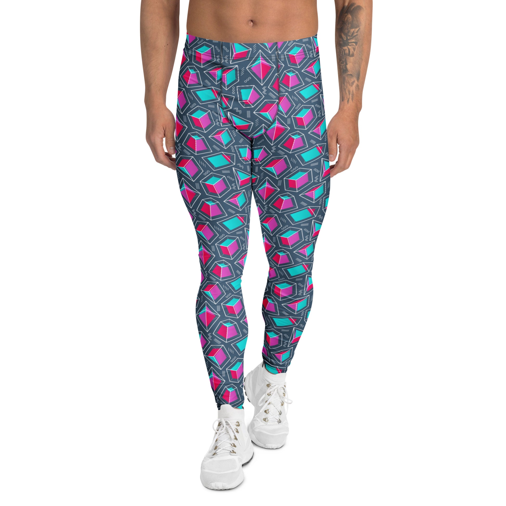 A person modeling patterned leggings with a geometric design in pink, teal, and gray on a white background. Bold Solid Shapes Geometric Print Men's Leggings Activewear