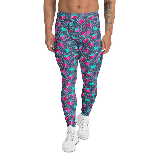 A person modeling patterned leggings with a geometric design in pink, teal, and gray on a white background. Bold Solid Shapes Geometric Print Men's Leggings Activewear