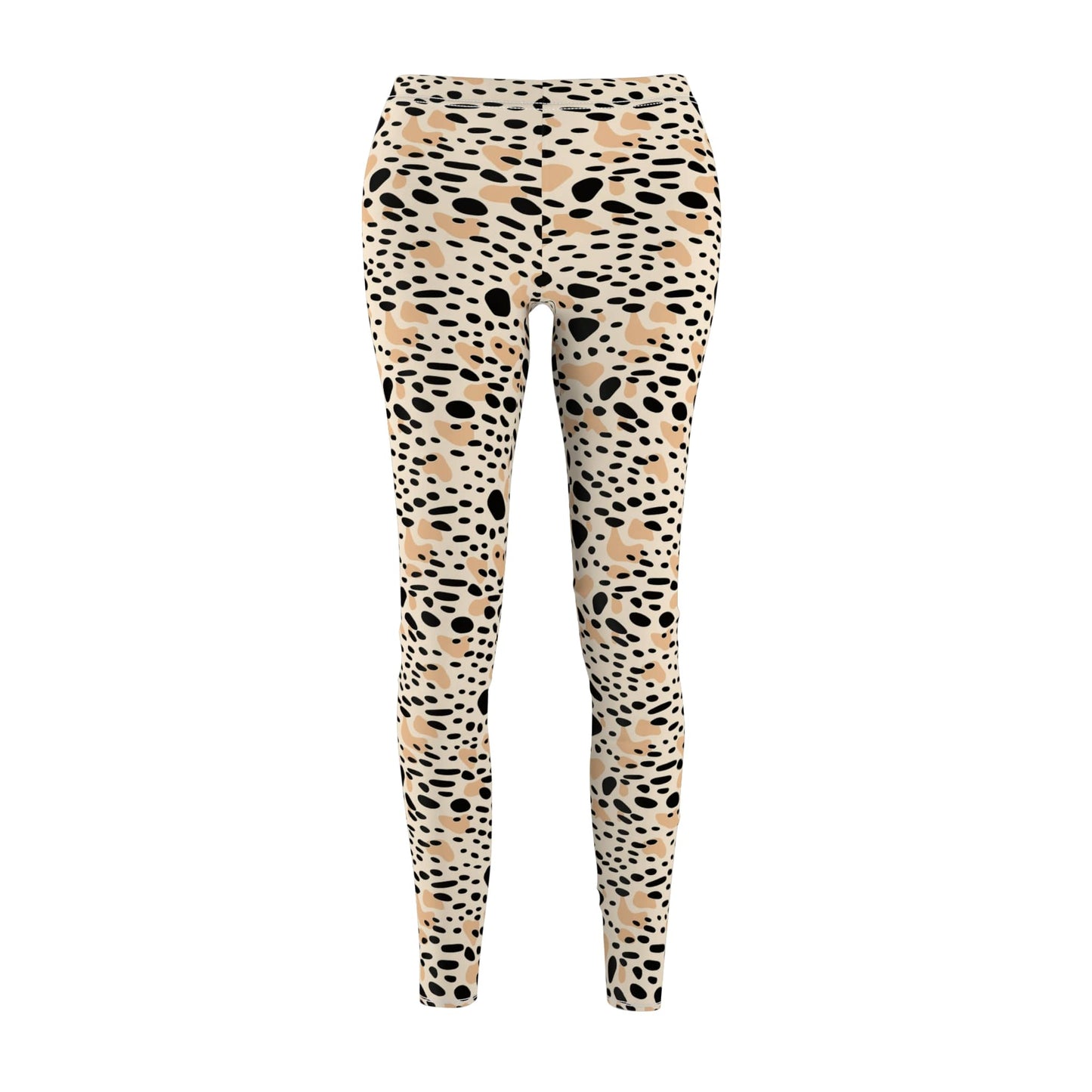 High-waisted leggings with an all-over leopard print pattern in beige, black, and brown, shown on a plain white background. Chic Bold Beige and Black Spots Leopard Print Leggings Activewear
