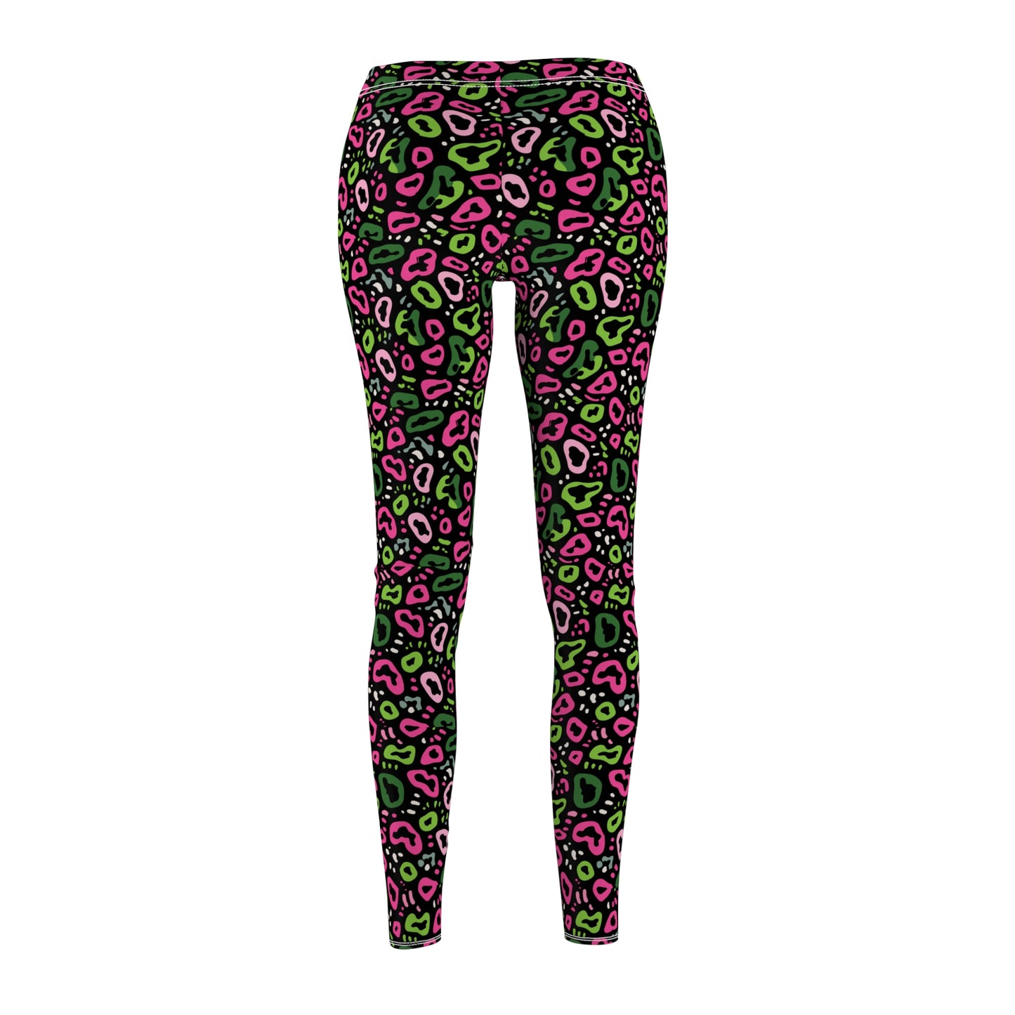 A pair of women's leggings featuring a vibrant neon leopard print pattern in pink, lime green, and black, shown against a plain white background. Chic Bold Neon Pink and Green Leopard Print Leggings for Casual Wear