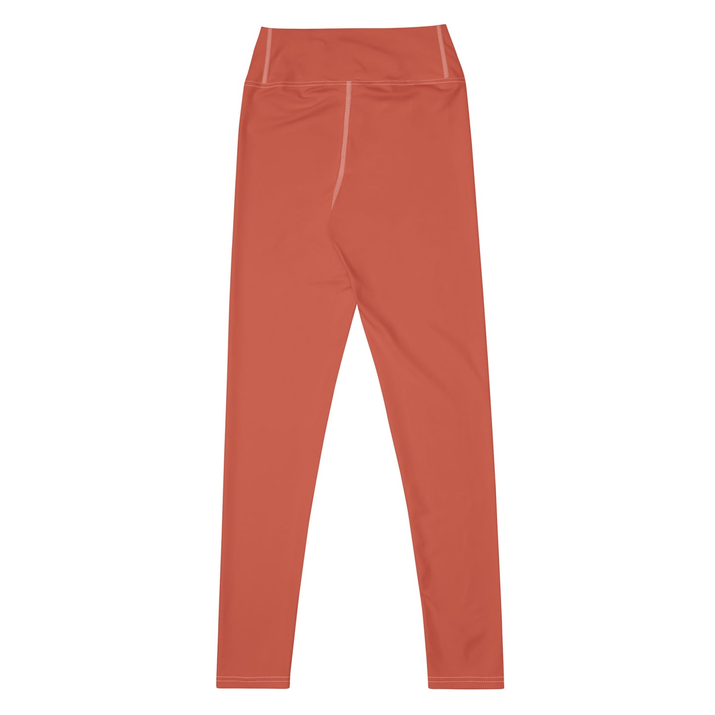 A pair of high-waisted athletic leggings in a solid terracotta or rust color, shown flat against a plain white background. Chic Bold Stretchy Yoga Leggings with Solid Dark Coral