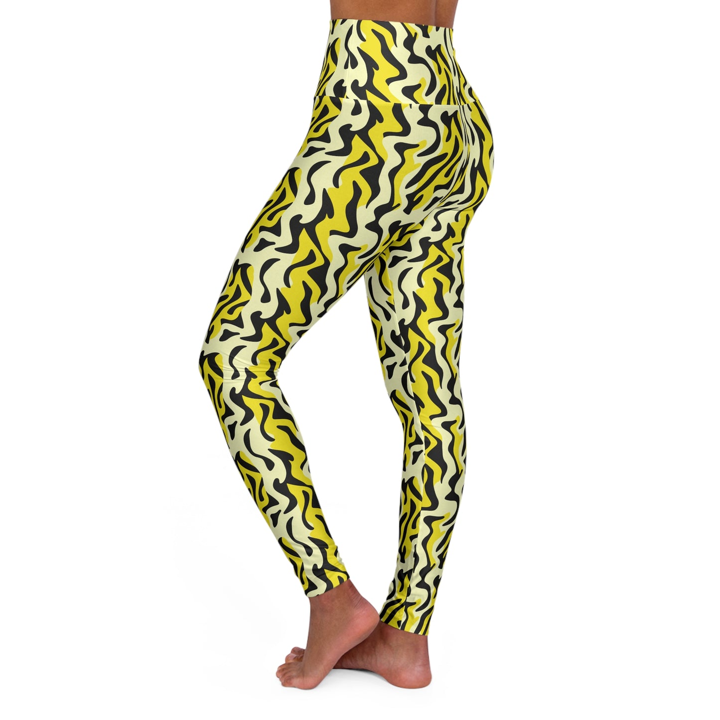 Colorful patterned leggings with a high-waisted design on a white background Chic Bold Yellow and Black Zebra Print Yoga Leggings Active Wear