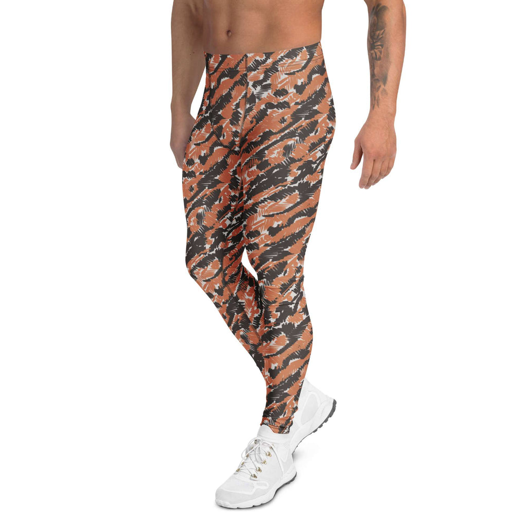 A man wearing tiger-print athletic pants in orange, black, and white, paired with white sneakers, shown from the waist down on a white background. Comfortable Bold Artistic Brush Stroke Pattern Men's Athletic Leggings for Activewear