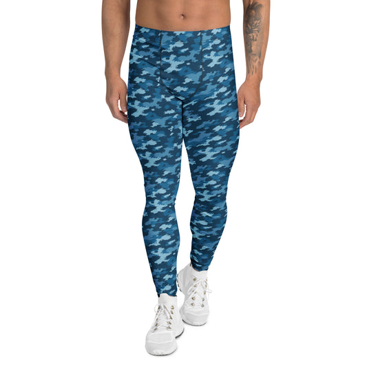Comfortable Bold Blue Camo Print Men's Athletic Leggings for Activewear