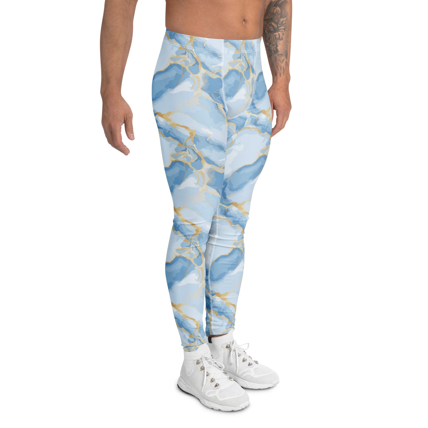 Comfortable Bold Blue Marble in Gold Veins Premium Men's Athletic Leggings for Activewear