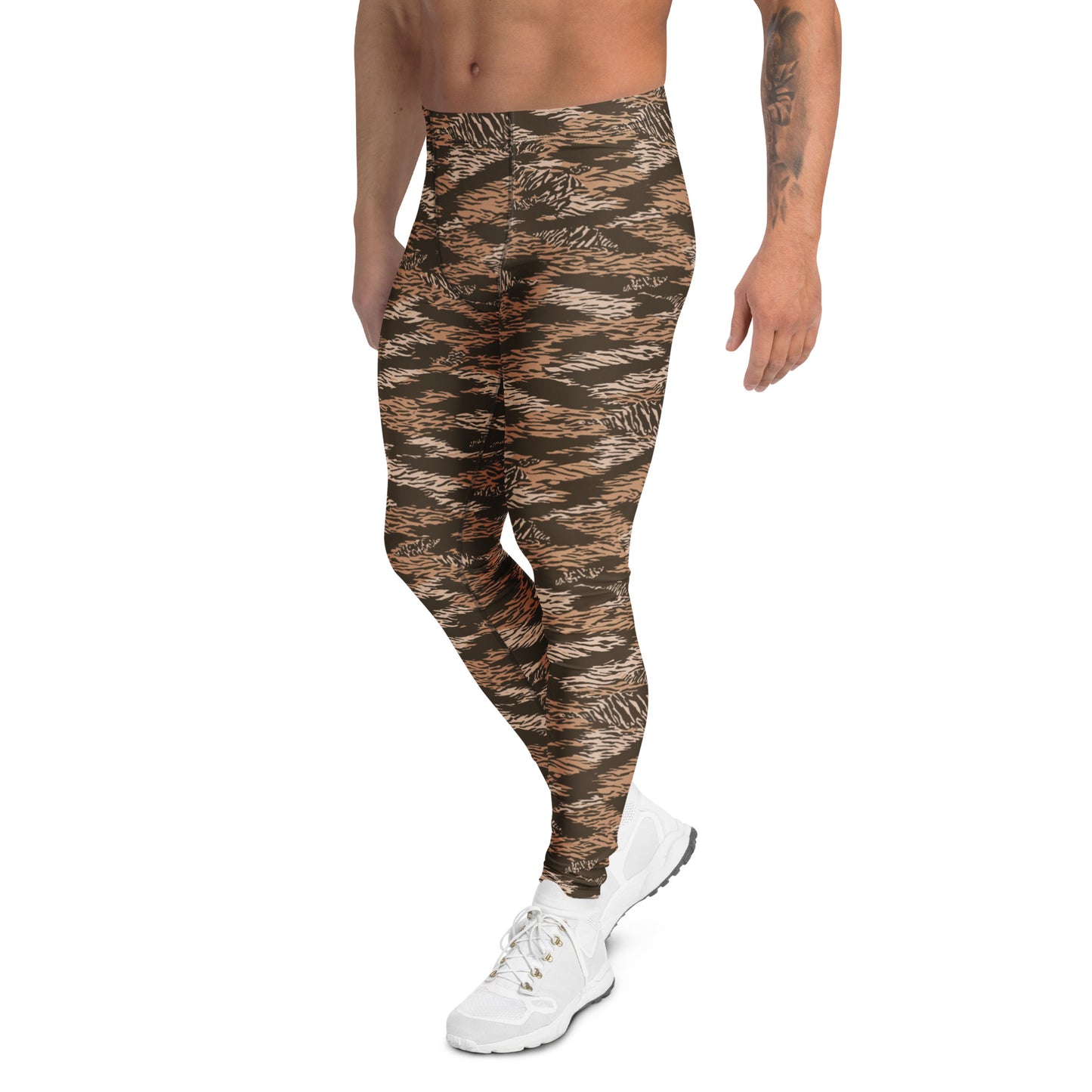 A model wearing high-waisted camouflage leggings in shades of green, brown, and black, paired with white sneakers, shown from the waist down on a white background. Comfortable Bold Brown Tiger Stripes Men's Athletic Leggings for Activewear
