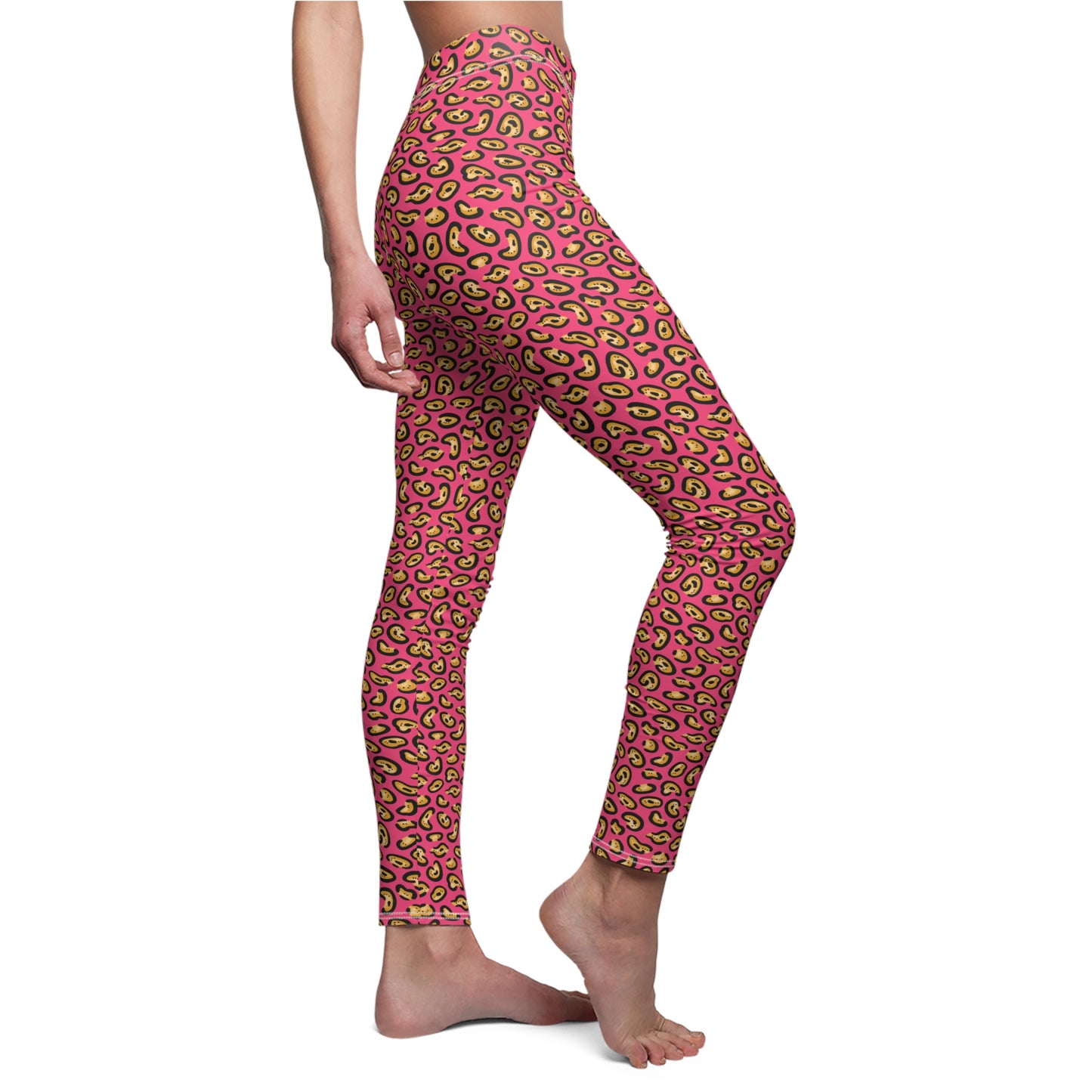 Red leggings with black and white pattern worn by a person on a white background Comfortable Bold Chic Pink Leopard Print Women's Casual Leggings