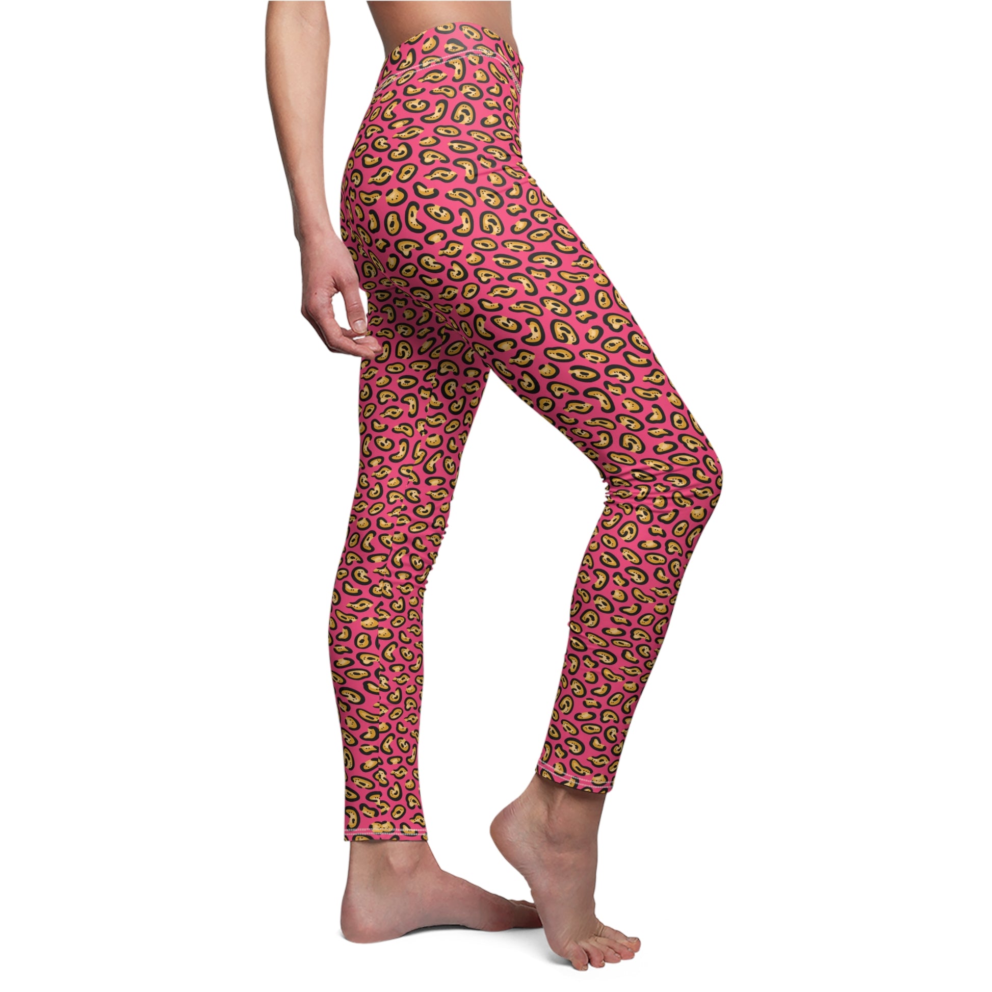 Red leggings with black and white pattern worn by a person on a white background Comfortable Bold Chic Pink Leopard Print Women's Casual Leggings