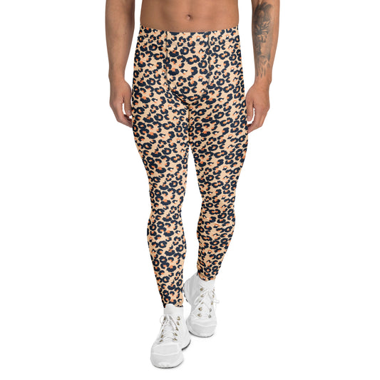 A person modeling high-waisted leopard print leggings with white sneakers against a plain white background. Comfortable Bold Leopard Print Men's Leggings for Activewear