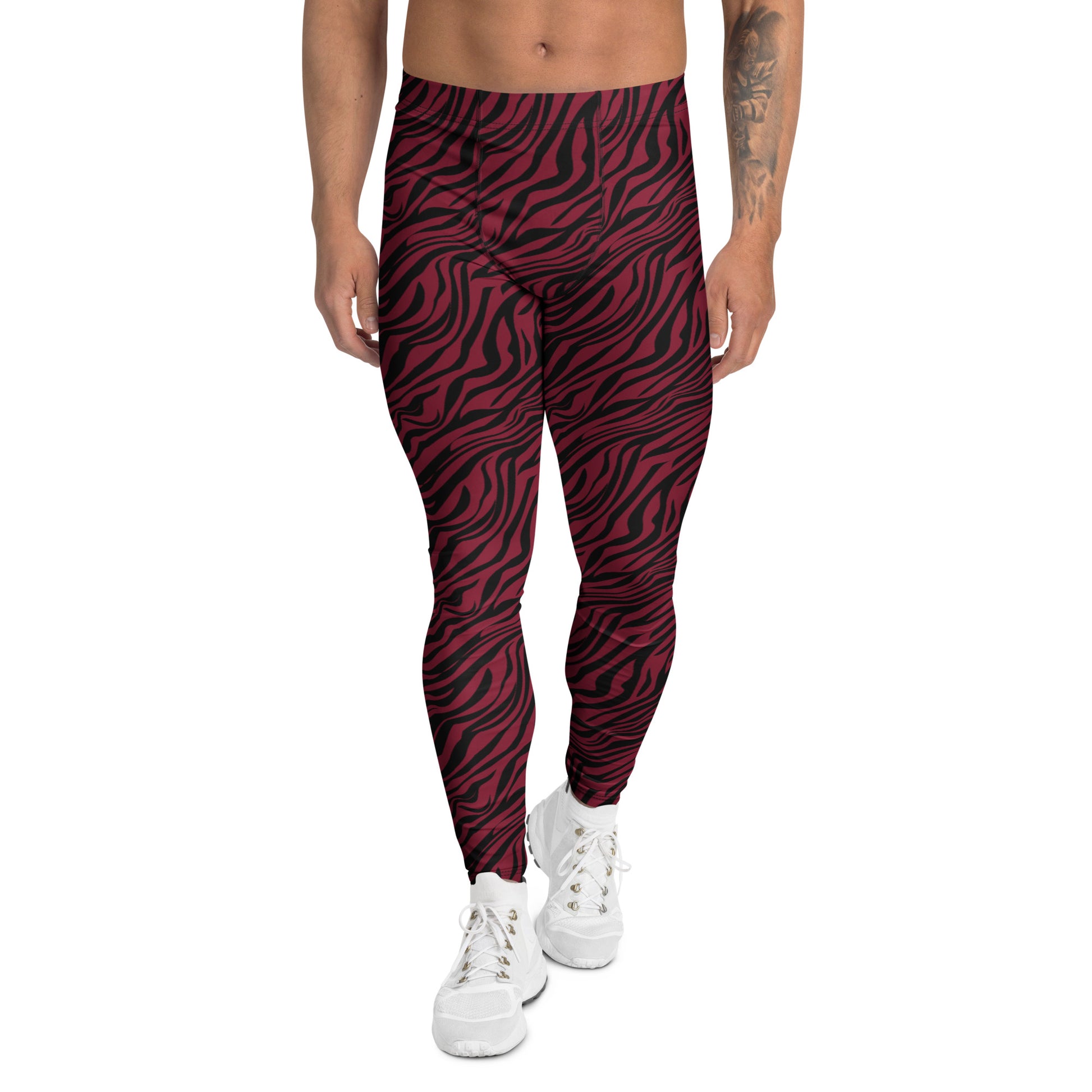 Person wearing black leggings and white sneakers on a white background Comfortable Bold Red Zebra Print Men's Athletic Leggings Activewear