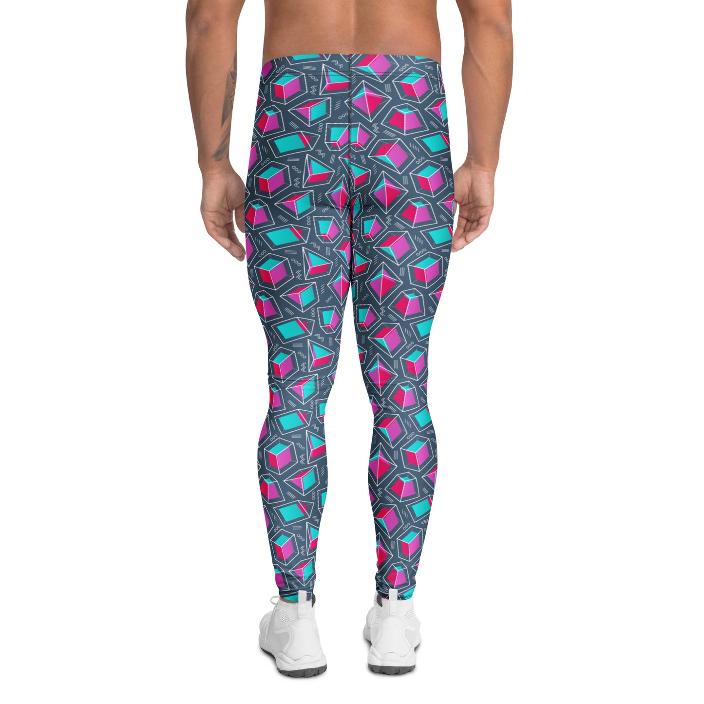 A person shown from the back wearing high-waisted geometric print leggings with a dark gray base and repeating pink, teal, and white shapes, paired with white sneakers on a plain white background. Comfortable Bold Solid Shapes Geometric Print Men's Leggings Activewear