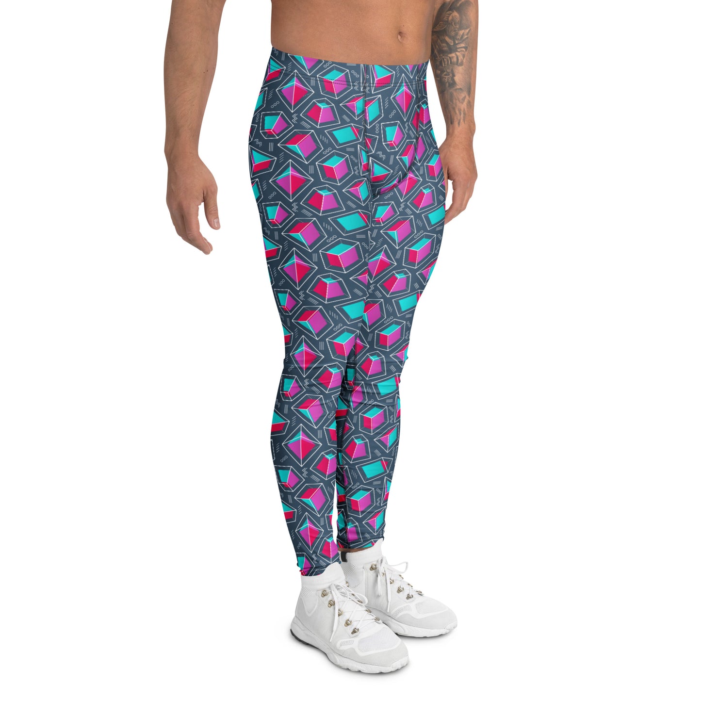 A person modeling high-waisted leggings with a colorful geometric pattern in pink, teal, and gray on a white background. Comfortable Bold Solid Shapes Geometric Print Men's Leggings for Activewear