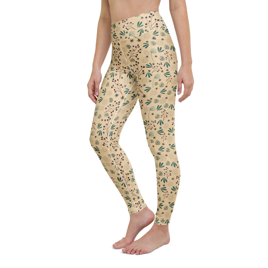 Comfortable Botanical Beige Floral Yoga Leggings Activewear