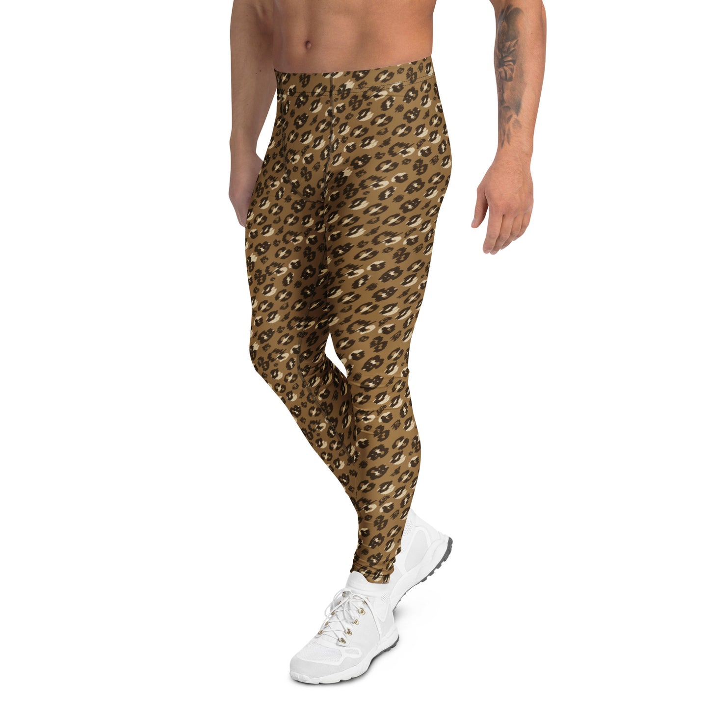 A model wearing high-waisted camouflage leggings in shades of green, brown, and black, paired with white sneakers, shown from the waist down on a white background. Comfortable Durable Bold Brown Leopard Print Men's Leggings Activewear