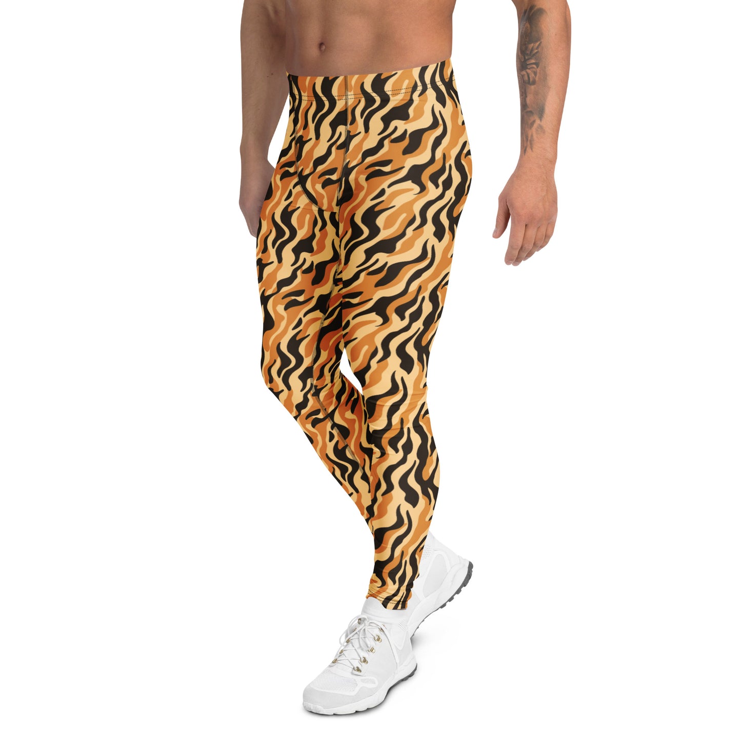 A pair of high-waisted athletic leggings with a bold wavy tiger-stripe pattern in orange, black, and yellow, modeled on a person against a white background. Comfortable Functional Men's Athletic Leggings with Bold Tiger Print Activewear