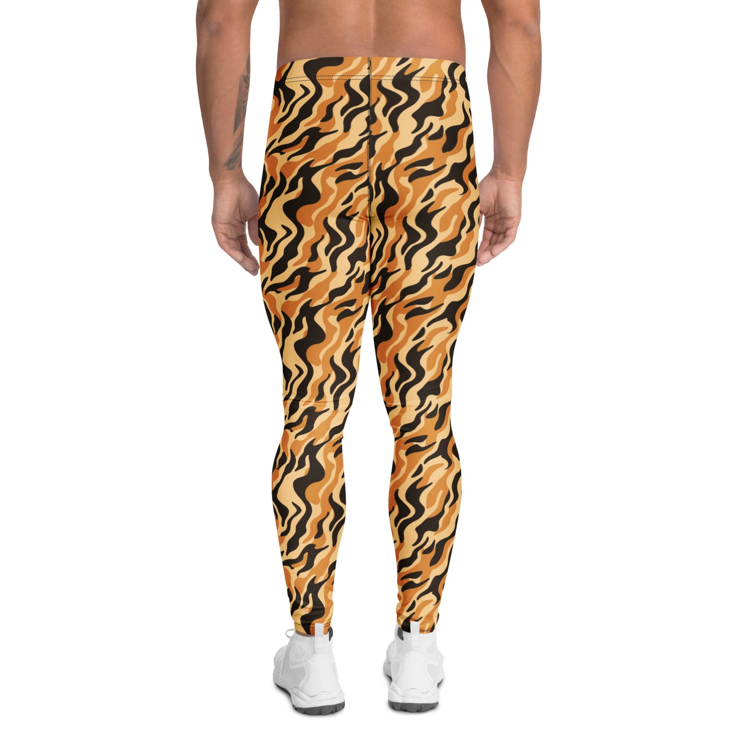 A person shown from the back wearing full-length leggings with a bold wavy abstract pattern in orange, black, and tan, paired with white sneakers on a plain white background. Comfortable Functional Men's Leggings with Bold Tiger Print