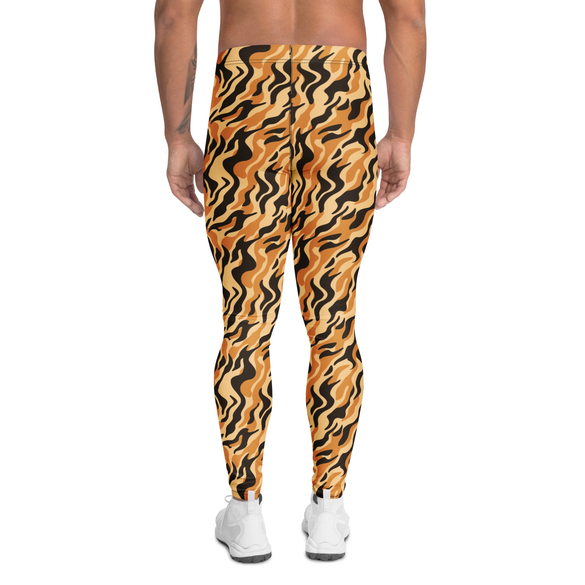 A person shown from the back wearing full-length leggings with a bold wavy abstract pattern in orange, black, and tan, paired with white sneakers on a plain white background. Comfortable Functional Men's Leggings with Bold Tiger Print