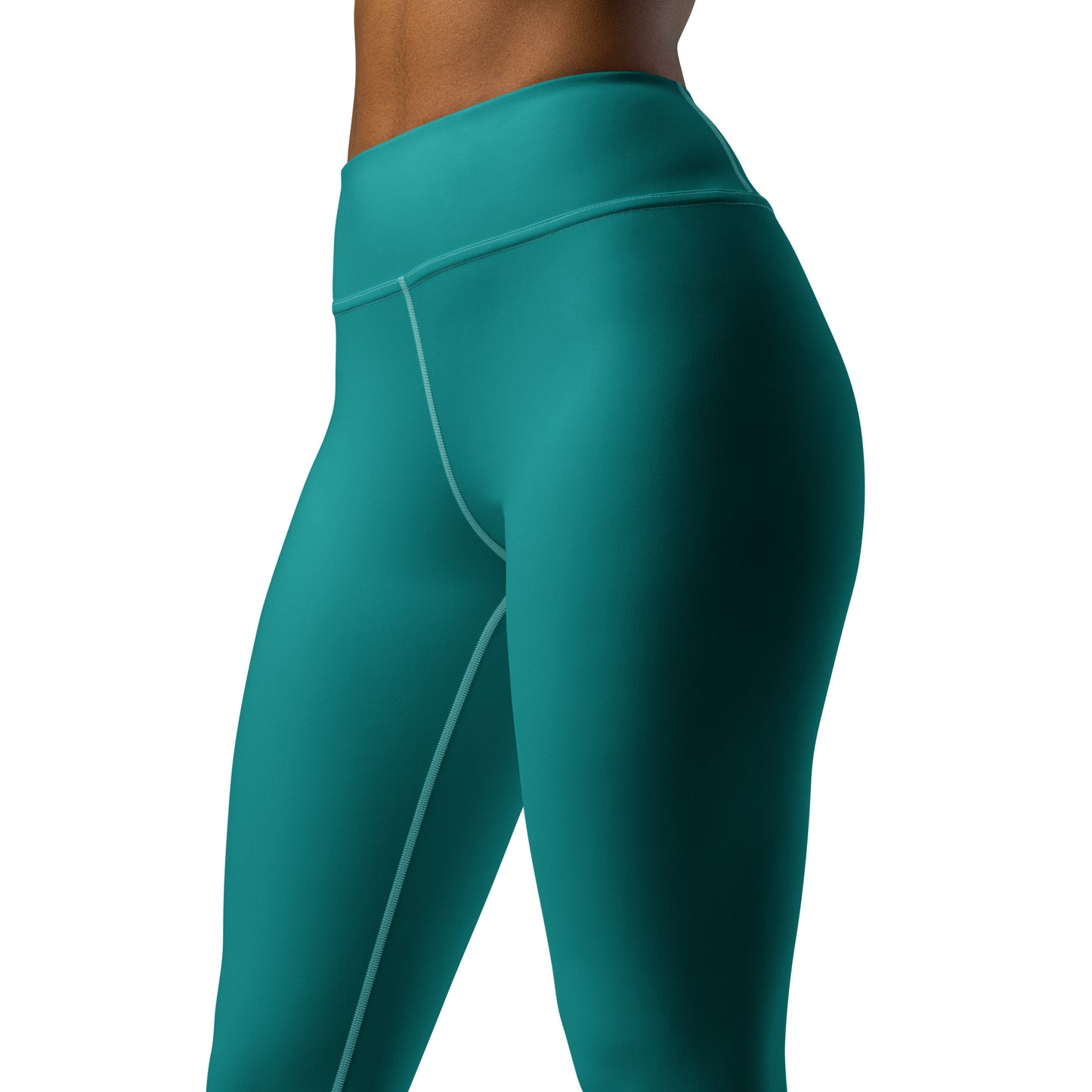 Close-up side view of a person wearing high-waisted teal leggings against a plain white background. Comfortable Minimalist Plain Solid Color Teal Yoga Leggings Activewear