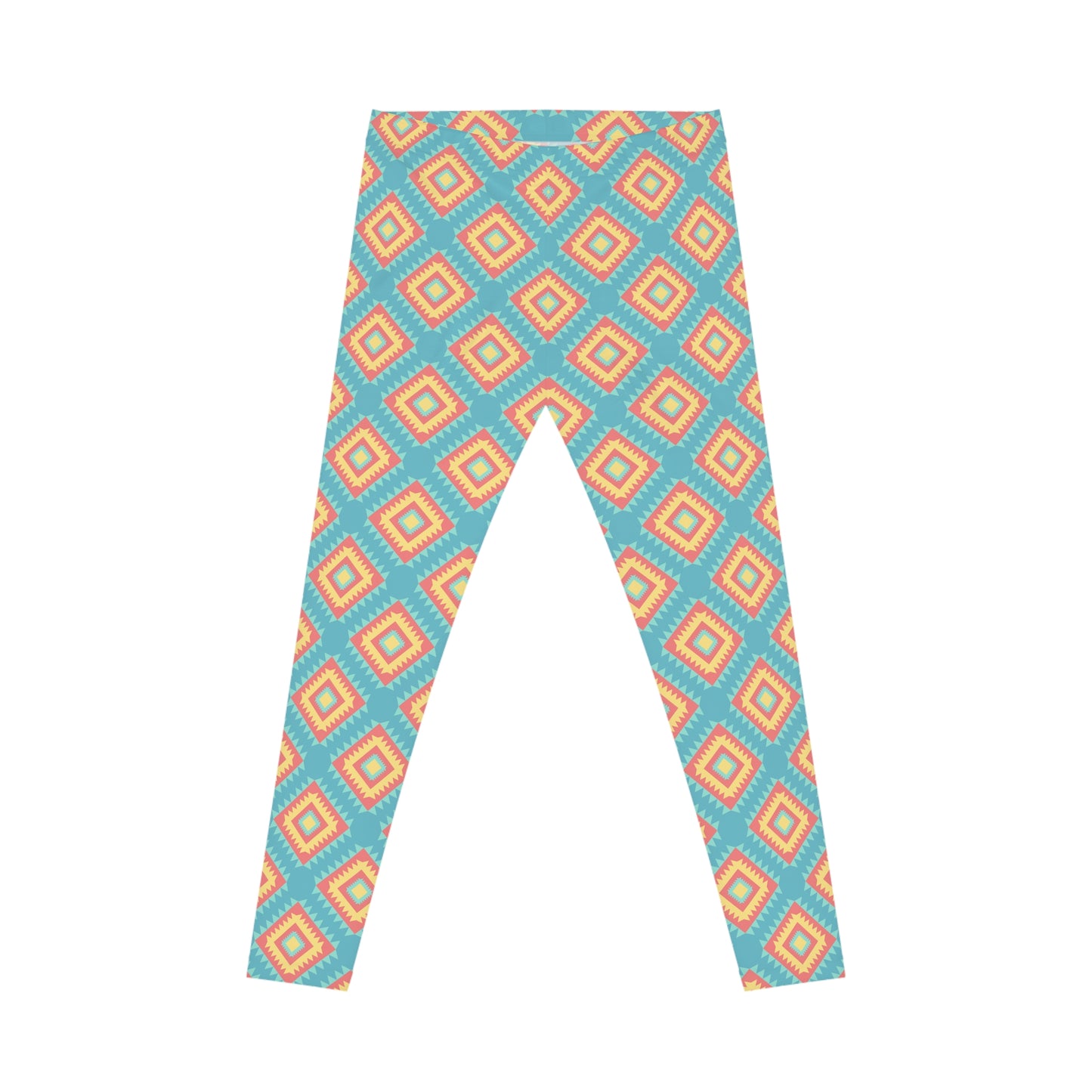A pair of leggings with a repeating geometric diamond pattern in turquoise blue, orange, and light beige, shown flat against a solid white background.