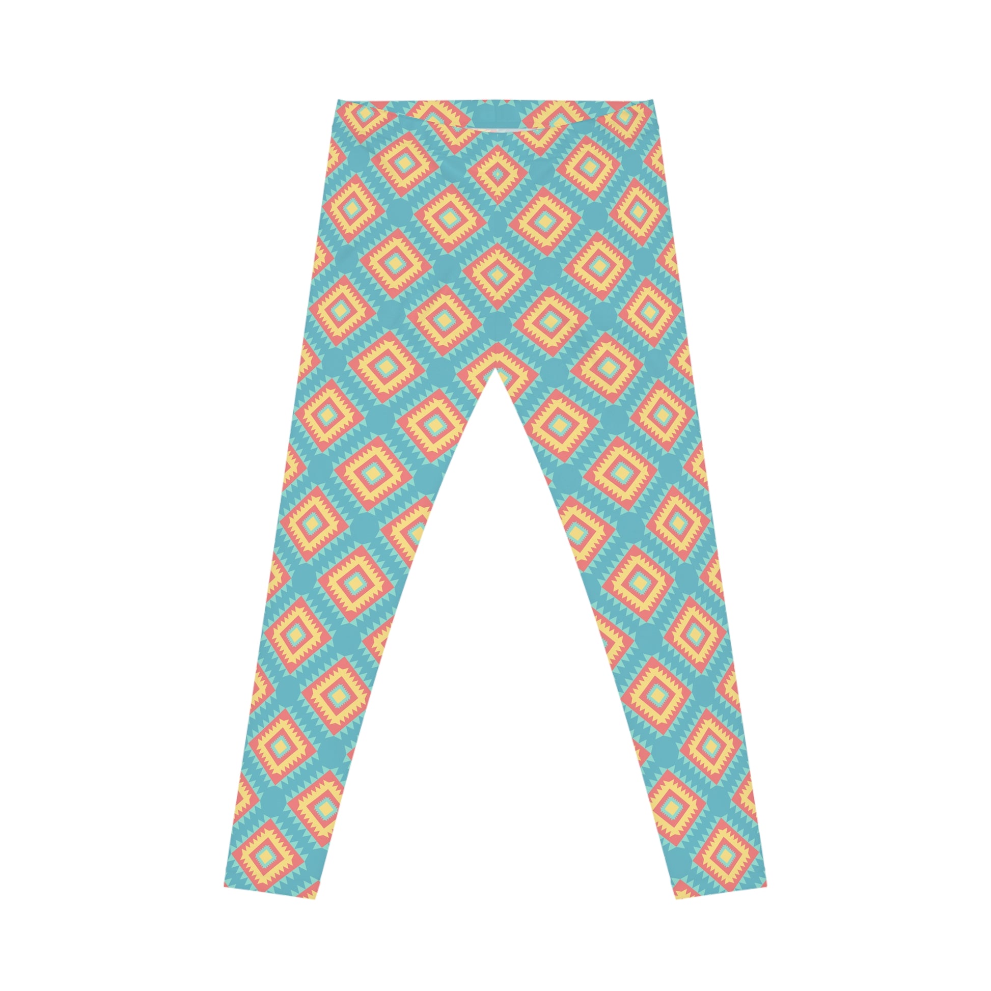 A pair of leggings with a repeating geometric diamond pattern in turquoise blue, orange, and light beige, shown flat against a solid white background.