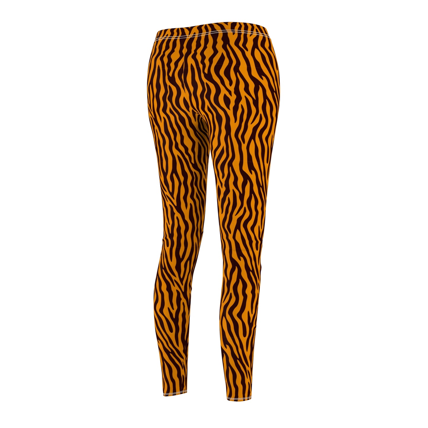 A pair of full-length leggings with a bold orange and black wavy tiger-stripe pattern, shown against a plain white background. Comfortable Women’s Leggings in Tiger Print